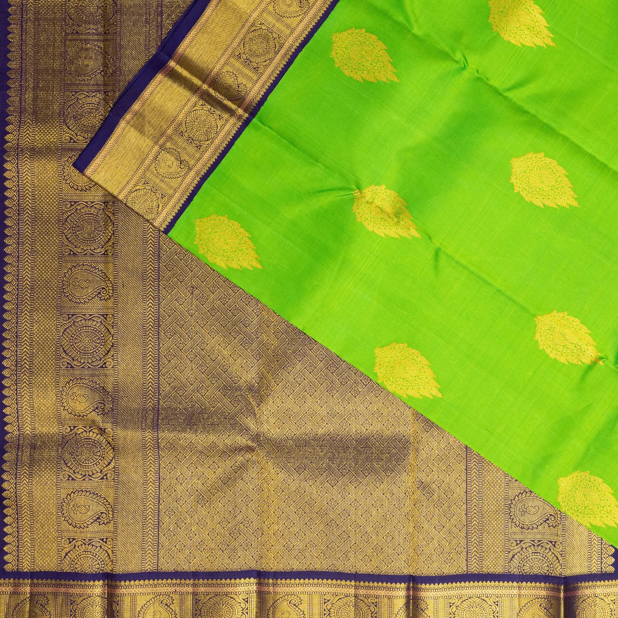 Parrot Green Cotton Silk Saree – Gold Peacock Buttas with Navy Blue Contrast Border