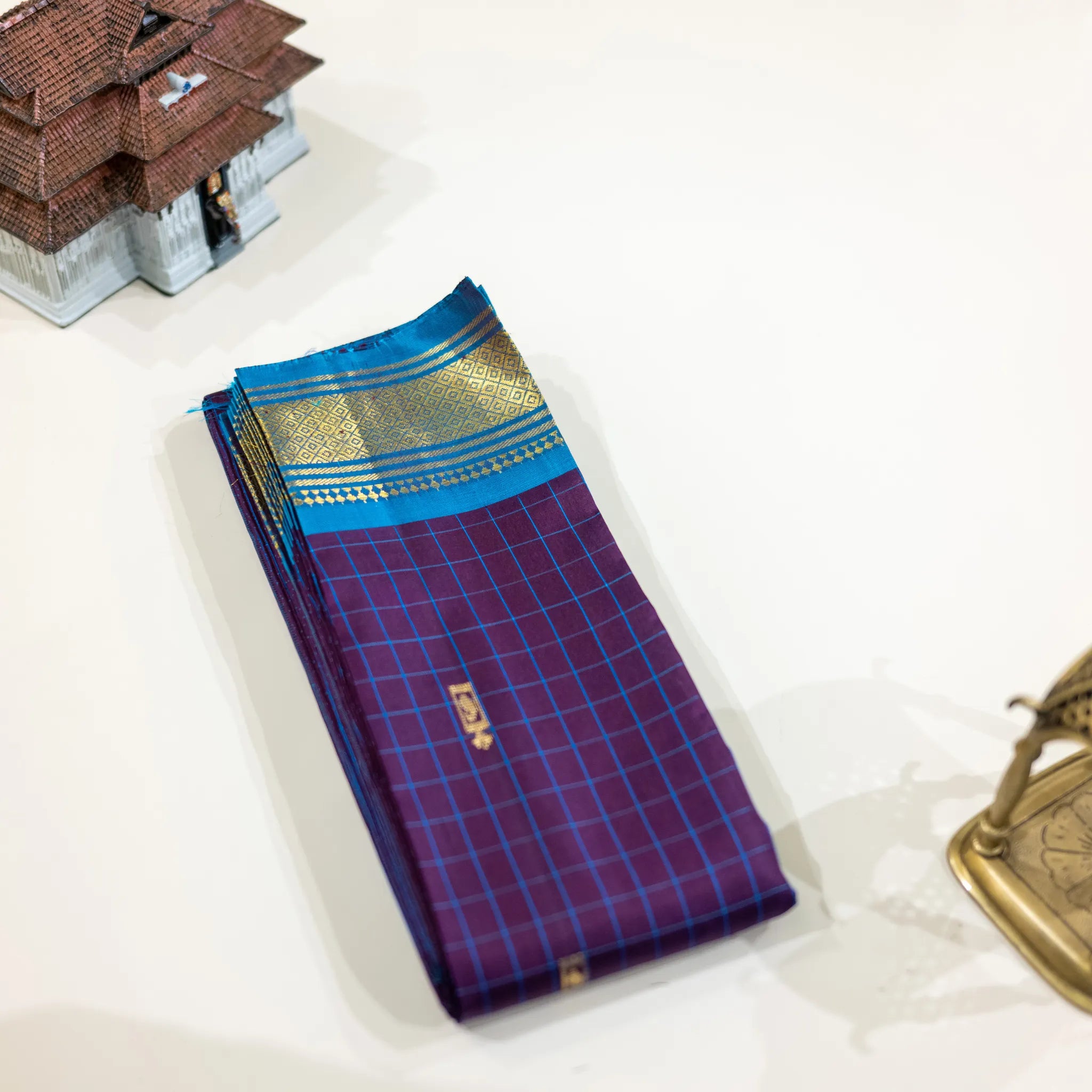 Purple and Blue Checked Zari Silk Saree