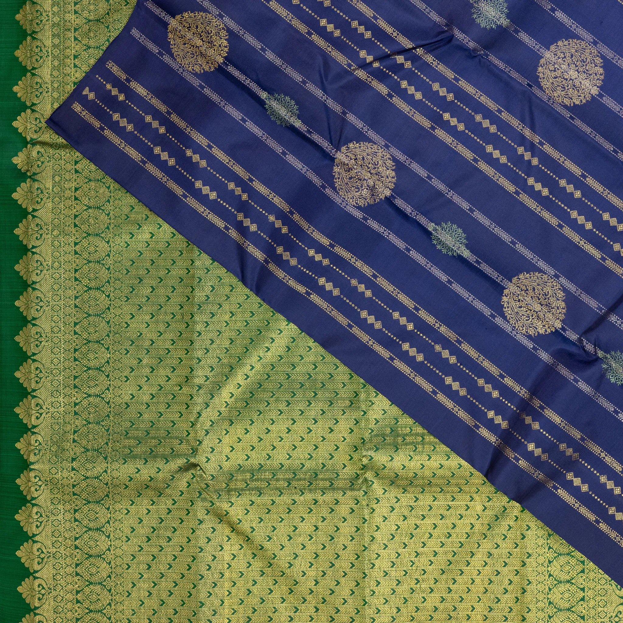 Navy Blue Cotton Silk Saree – Gold Floral Buttas with Woven Stripe Design