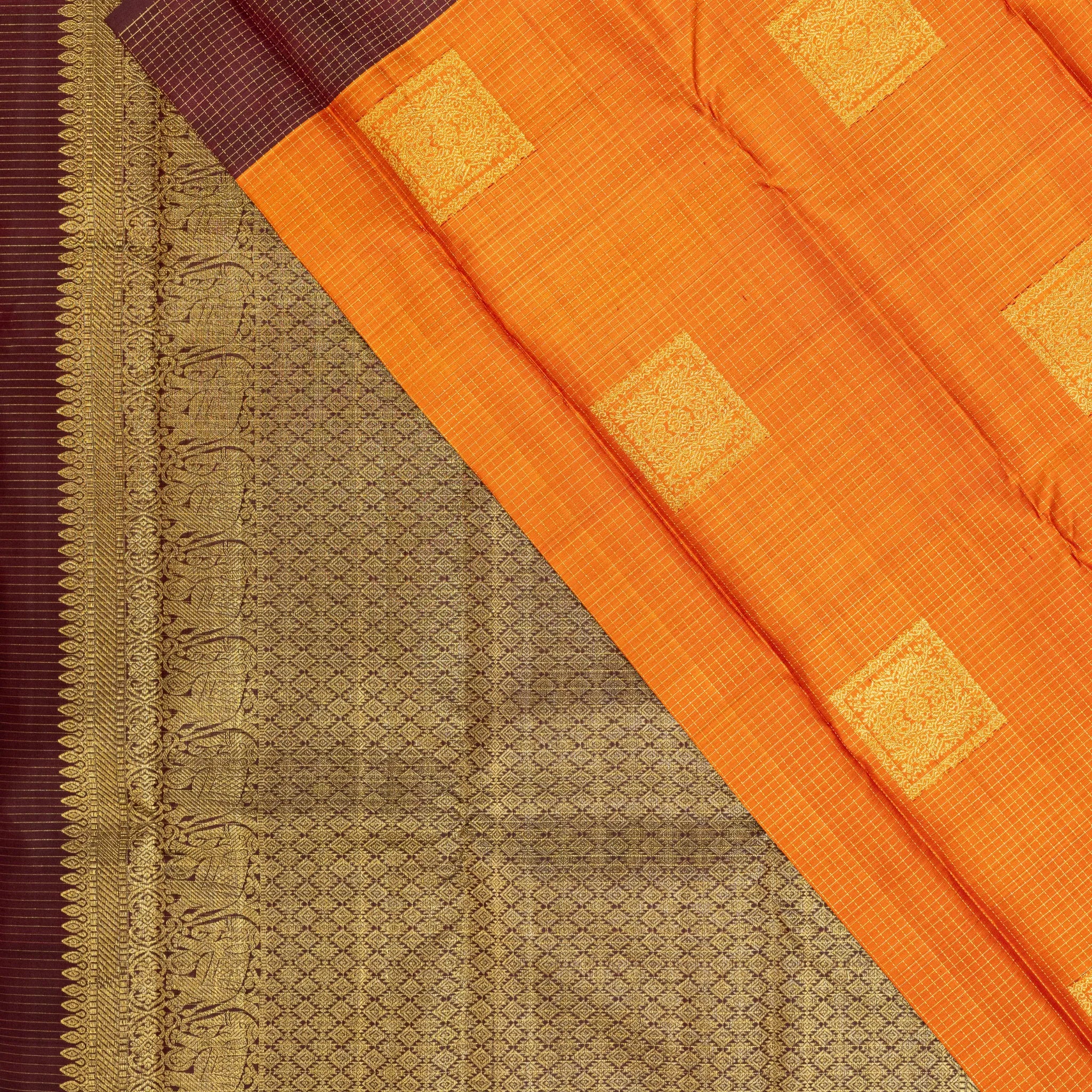 Burnt Orange Cotton Silk Saree – Gold Checked Weave with Maroon Contrast Border