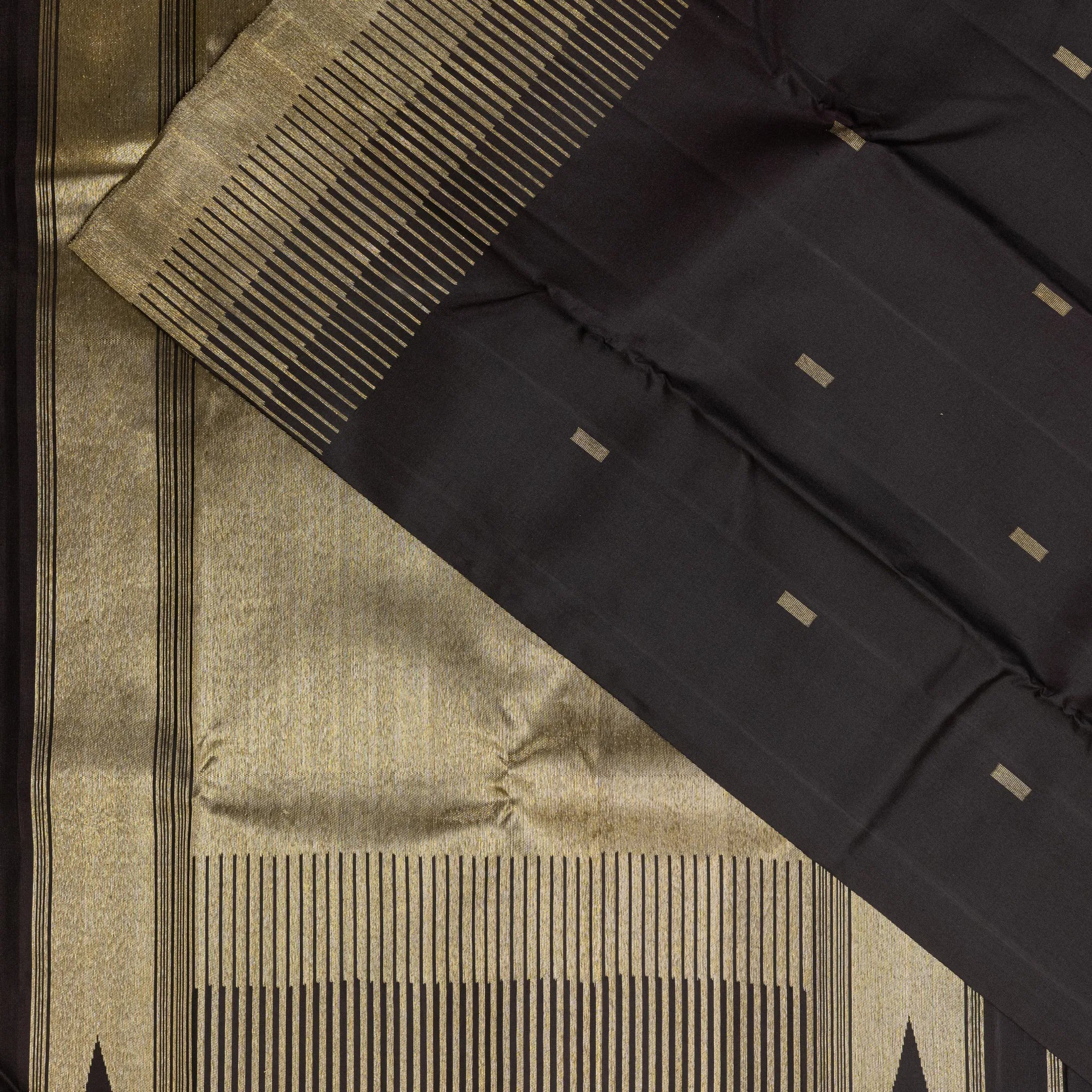 Black Kanchipuram Silk Saree – Contemporary Gold Line Border with Minimal Zari Buttas
