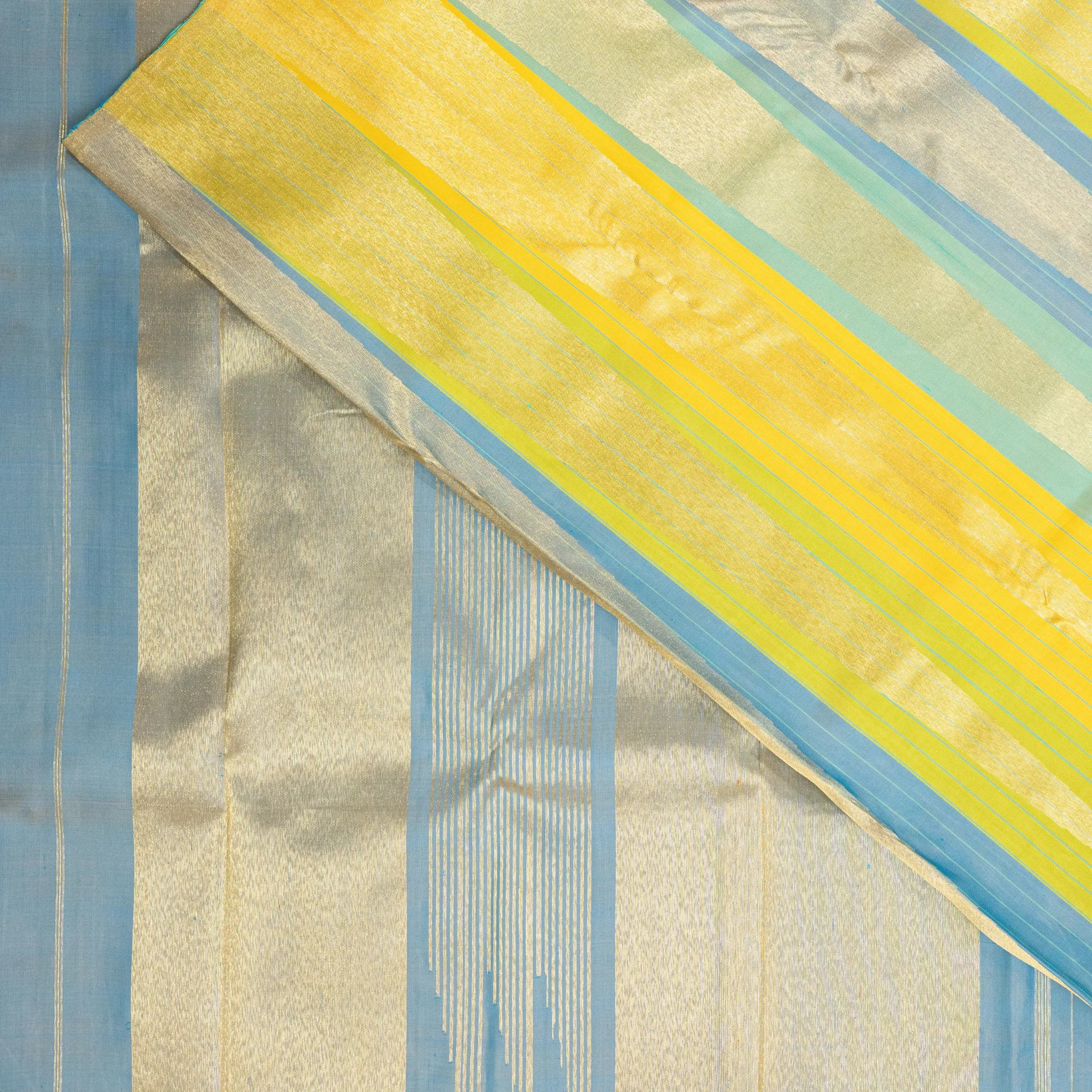 Aqua Blue Kanchipuram Silk Saree – Gold Tissue Pallu with Sunshine Yellow Border