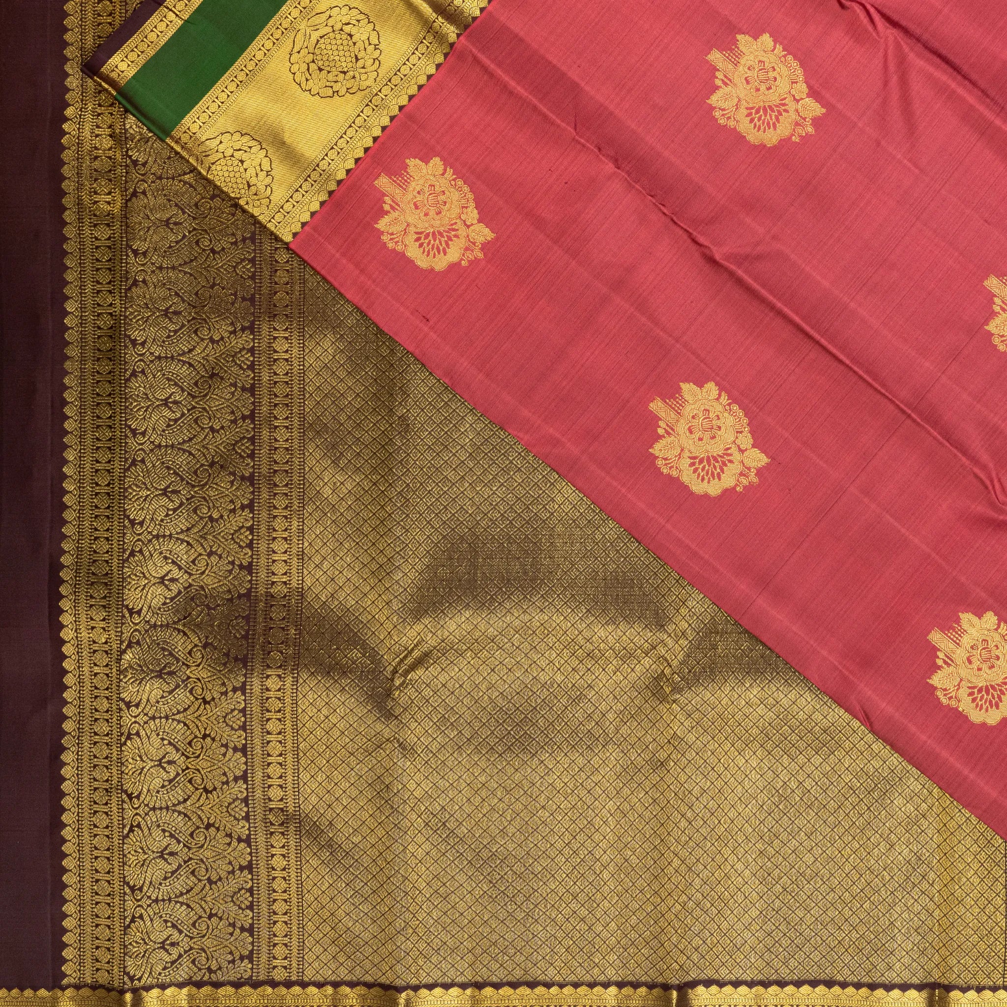 Dusty Rose Kanchipuram Silk Saree – Gold Buttas with Green Contrast Zari Border