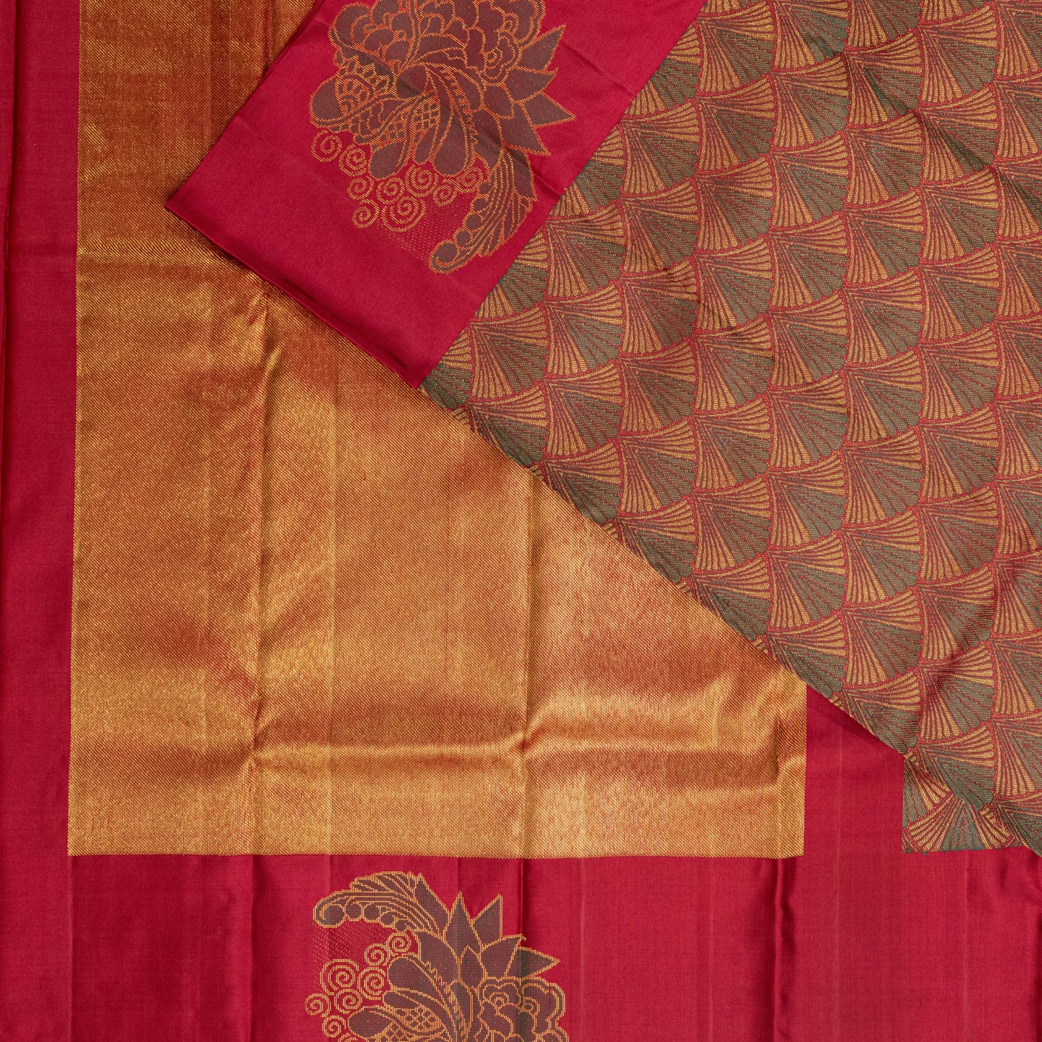 Maroon Soft Silk Saree – Antique Gold Fan Jacquard with Floral Woven Pallu
