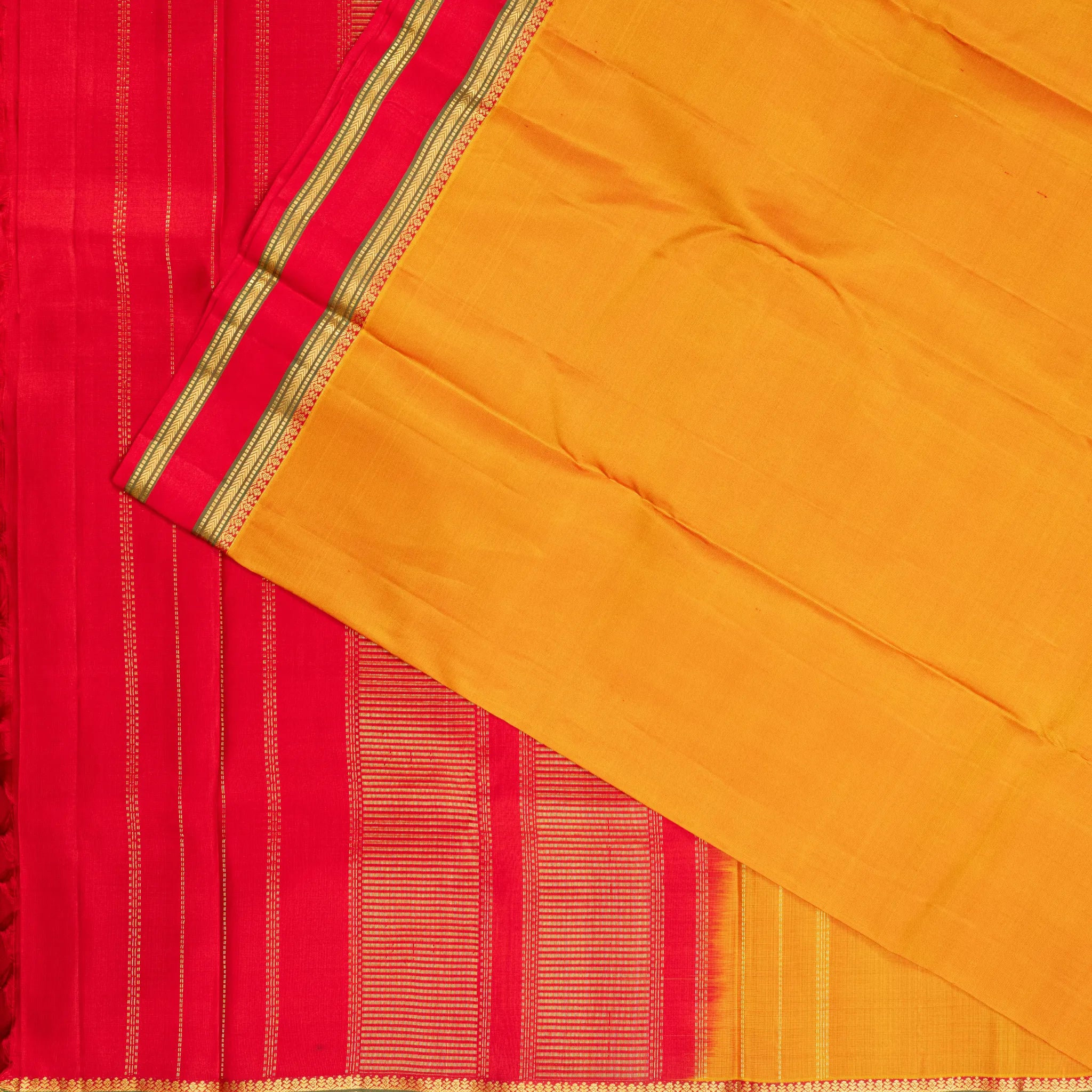 Mustard Orange Kanchipuram Silk Saree – Rani Pink Contrast Border with Classic Zari Stripes