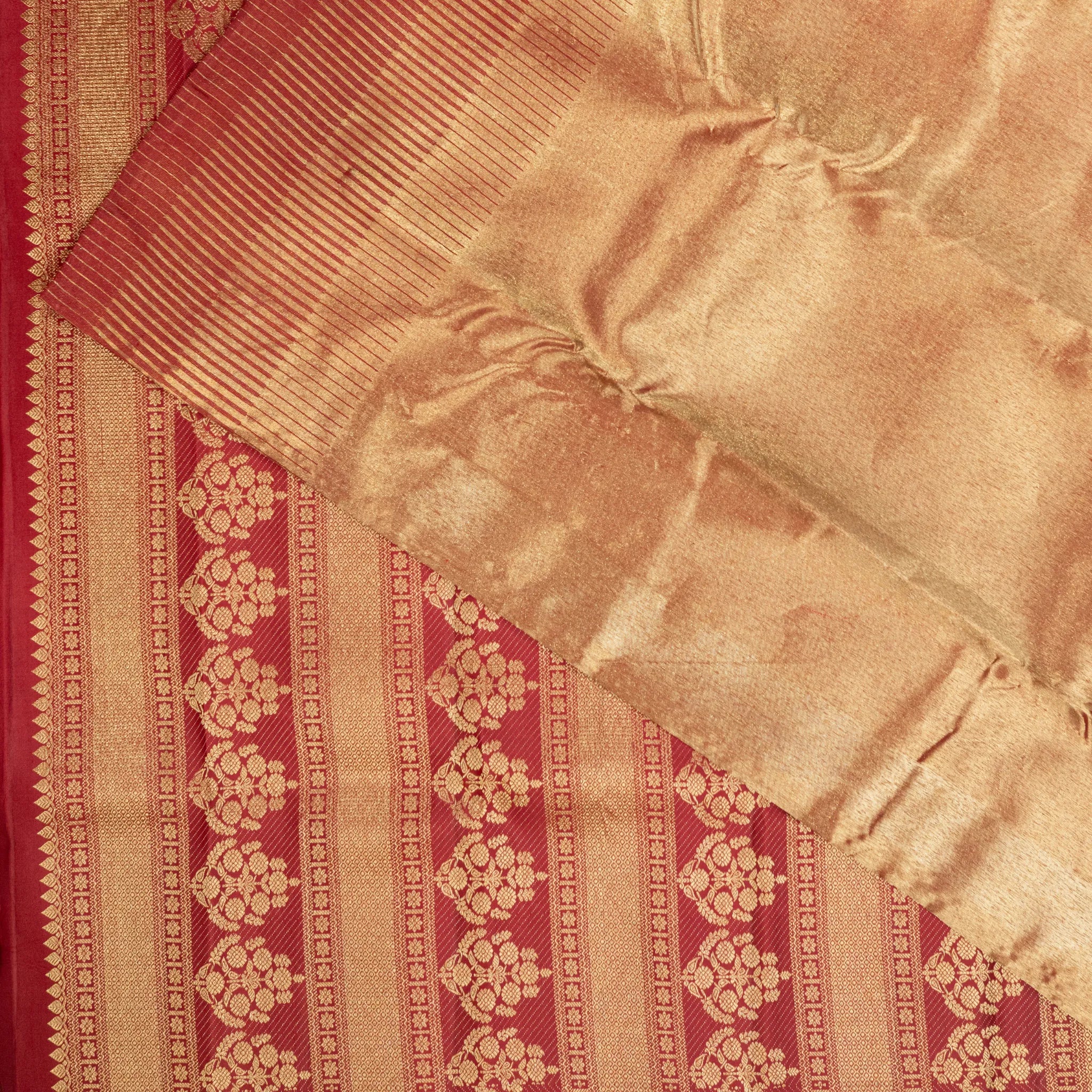 Rose Gold Kanchipuram Silk Saree – Wine Contrast Border with Contemporary Zari Stripes