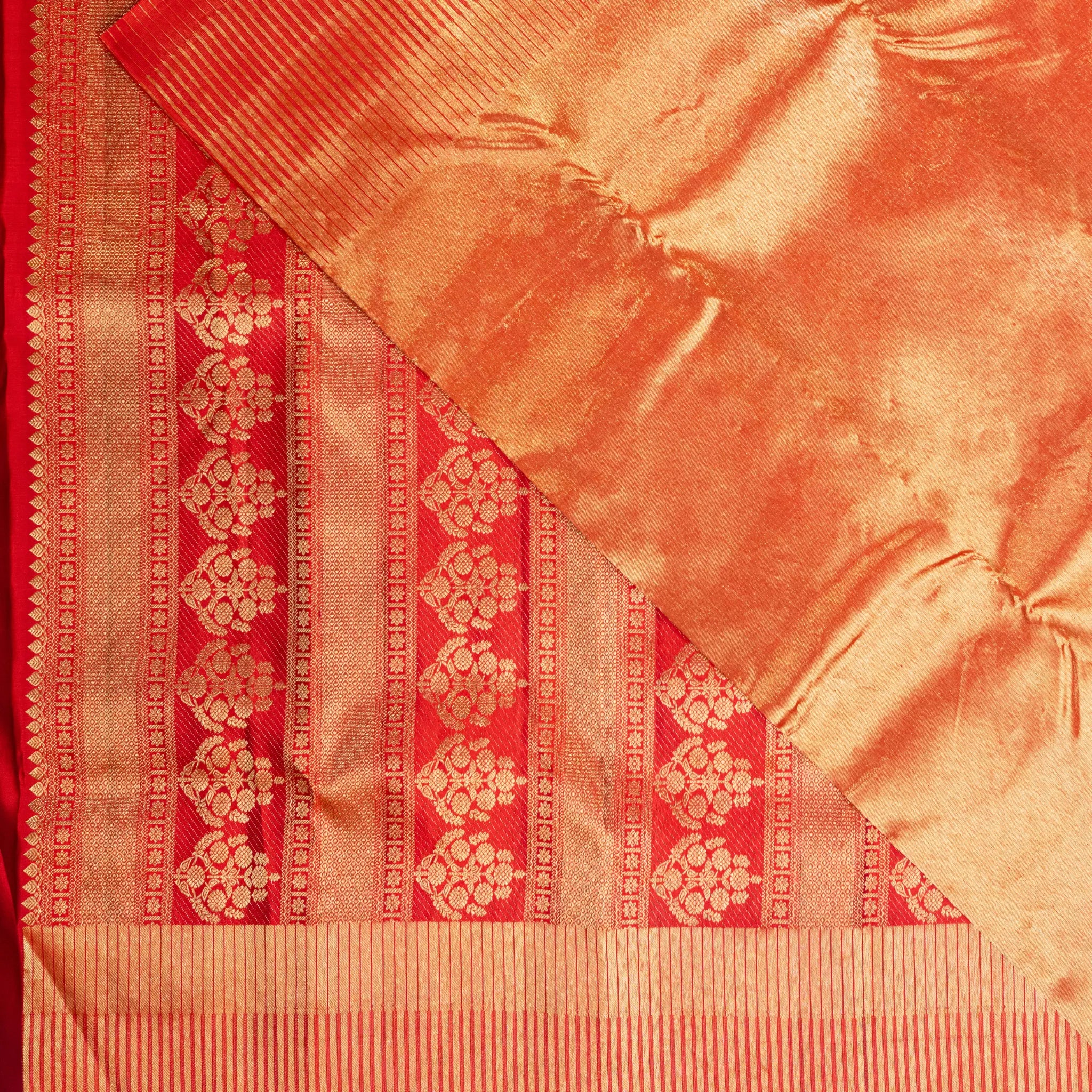 Copper Gold Kanchipuram Silk Saree – Coral Red Contrast Border with Contemporary Zari Stripes