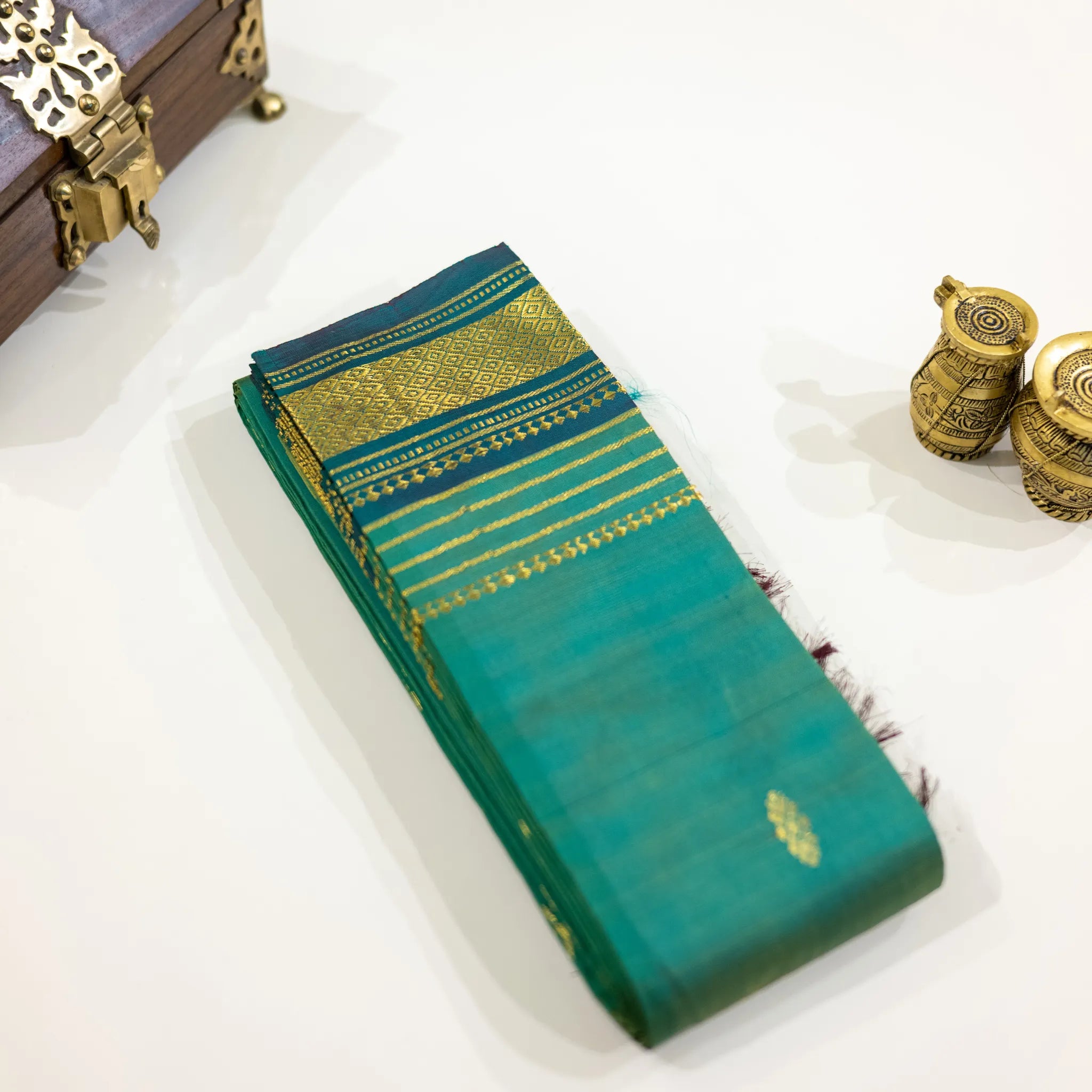 Teal Green & Gold Zari Silk Saree