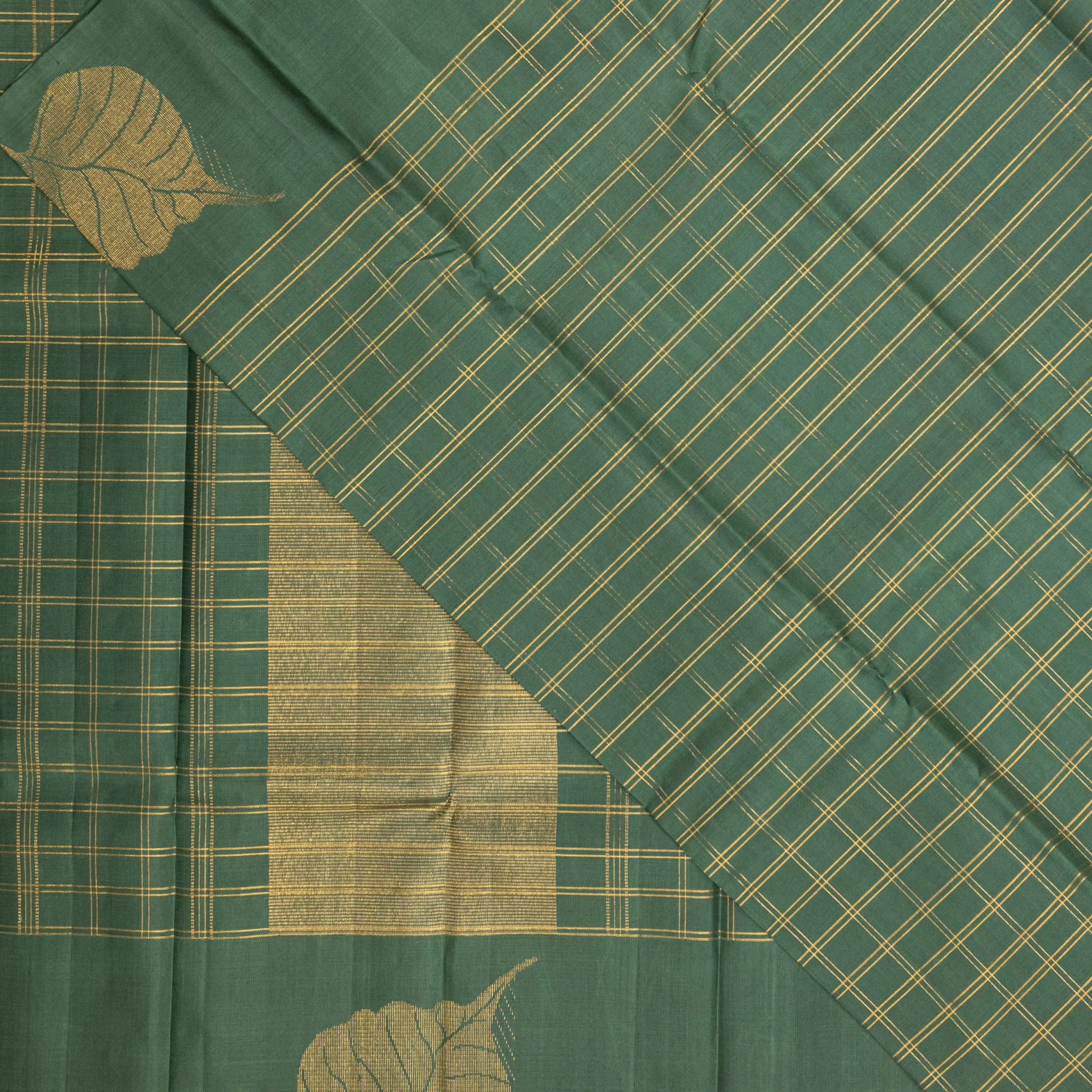 Green Cotton Silk Saree – Gold Windowpane Checks with Leaf Jacquard Pallu