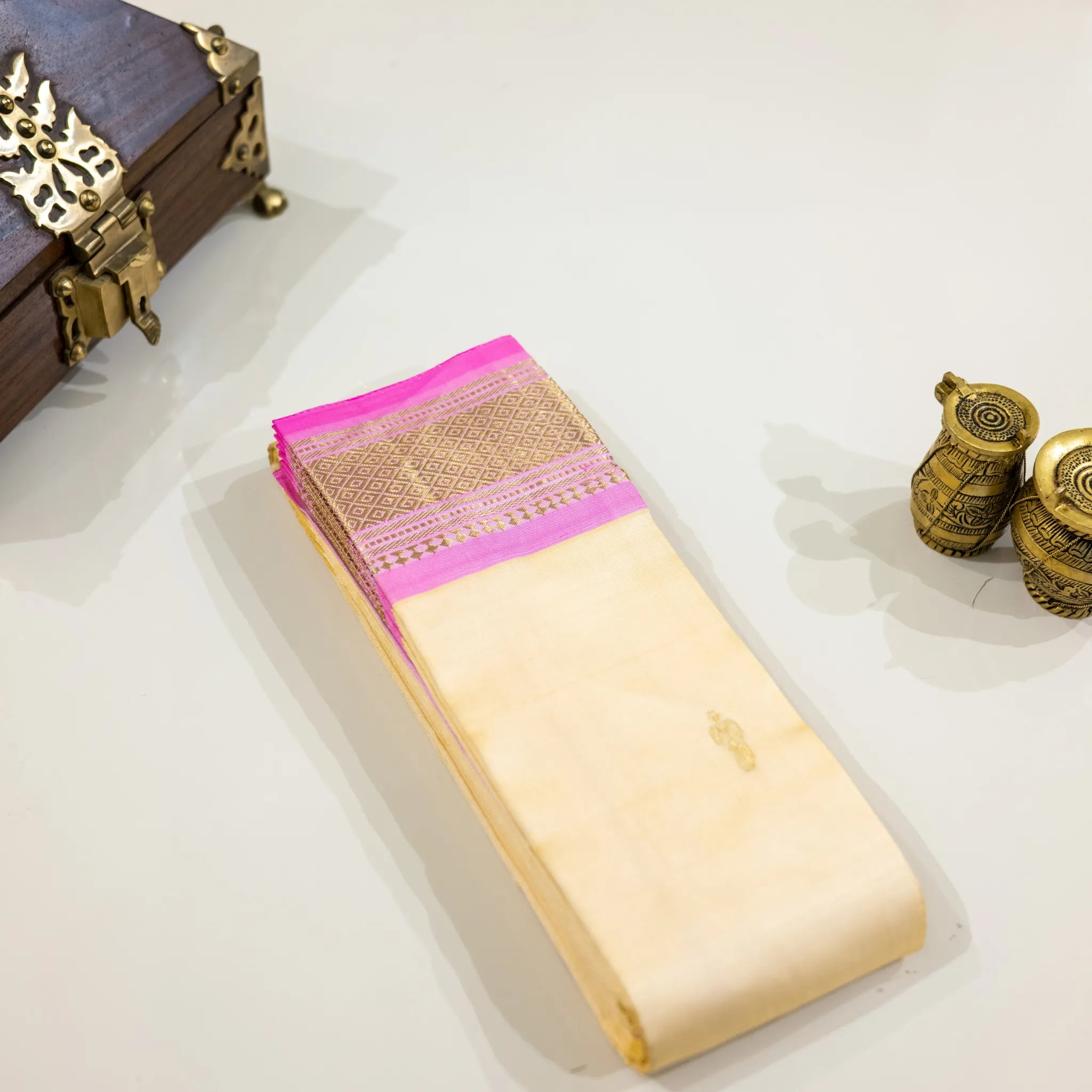 Cream & Pink Gold-Zari Silk Saree