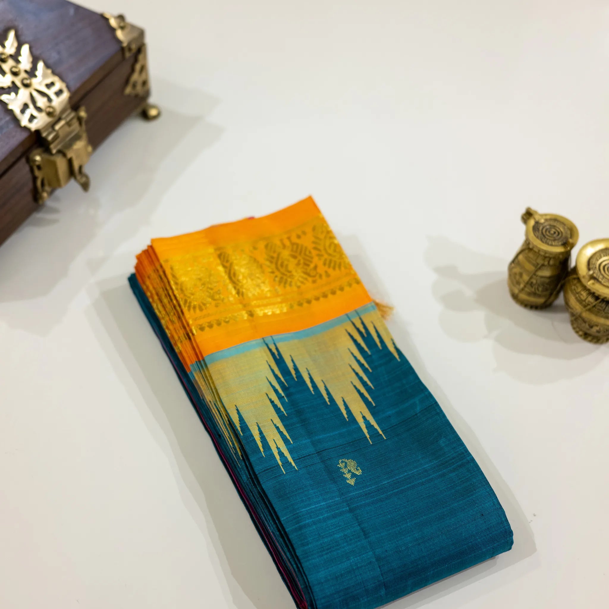 Teal Blue & Orange Gold-Zari Silk Saree