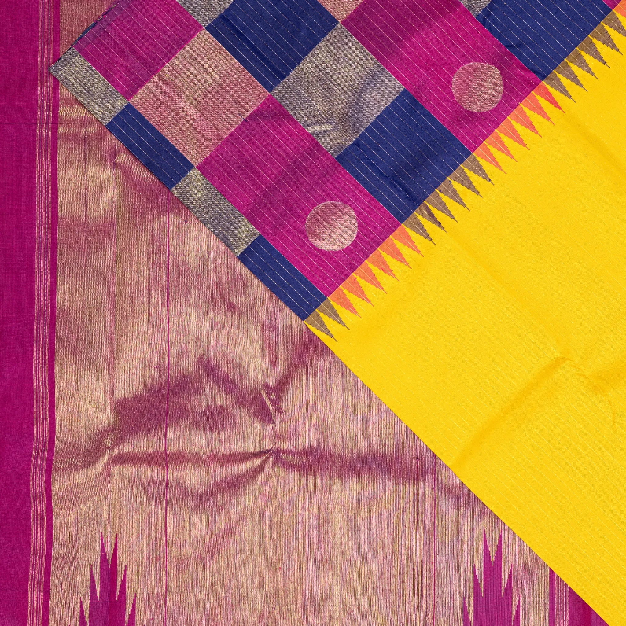 Bright Yellow Kanchipuram Silk Saree – Silver Checked Pallu with Magenta Contrast Border