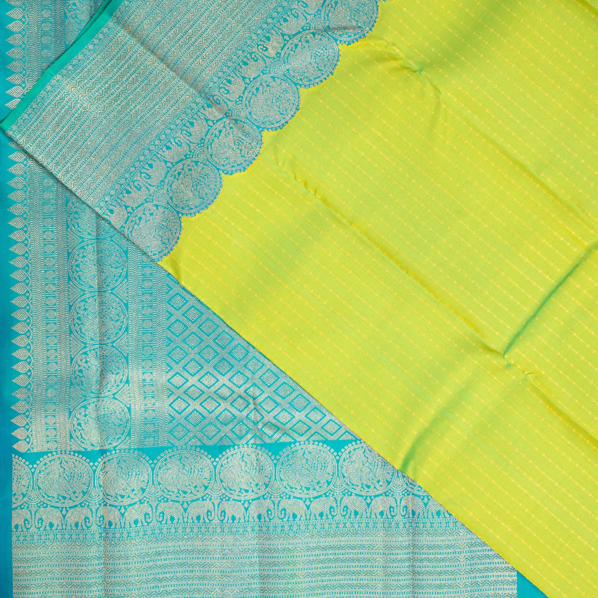 Lime Green Kanchipuram Silk Saree – Gold Woven Lines with Turquoise Zari Border