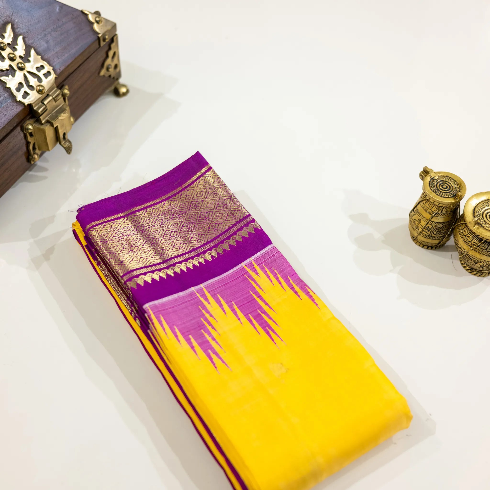 Yellow & Purple Gold-Zari Silk Saree