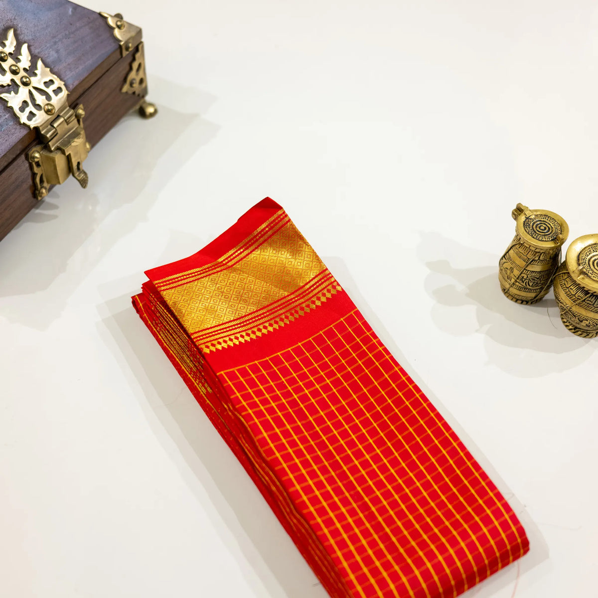 Red & Gold Checked Silk Saree