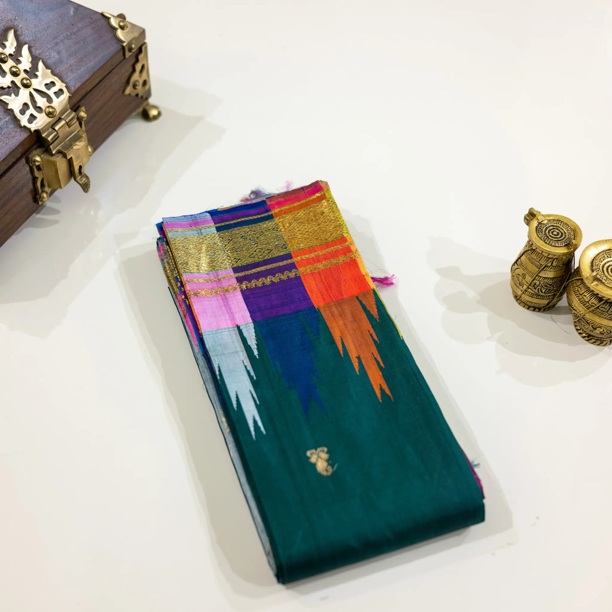 Teal Green & Multicolour Gold-Zari Silk Saree