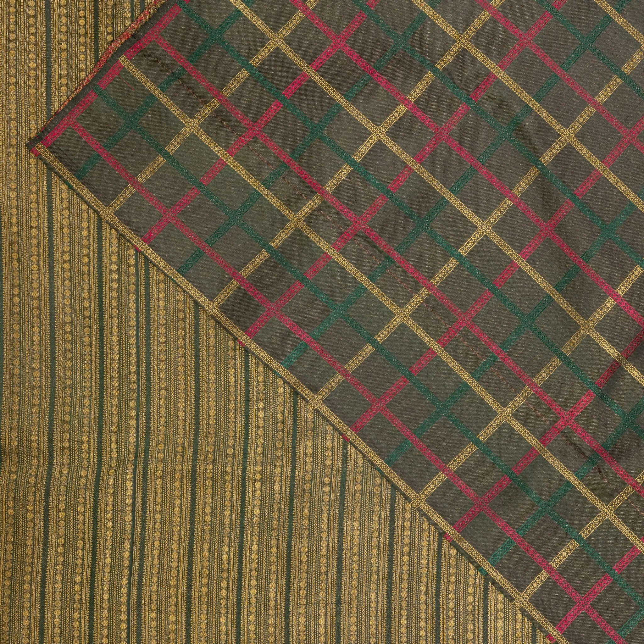 Checked Silk Saree – Olive Green with Multicolour Windowpane Checks