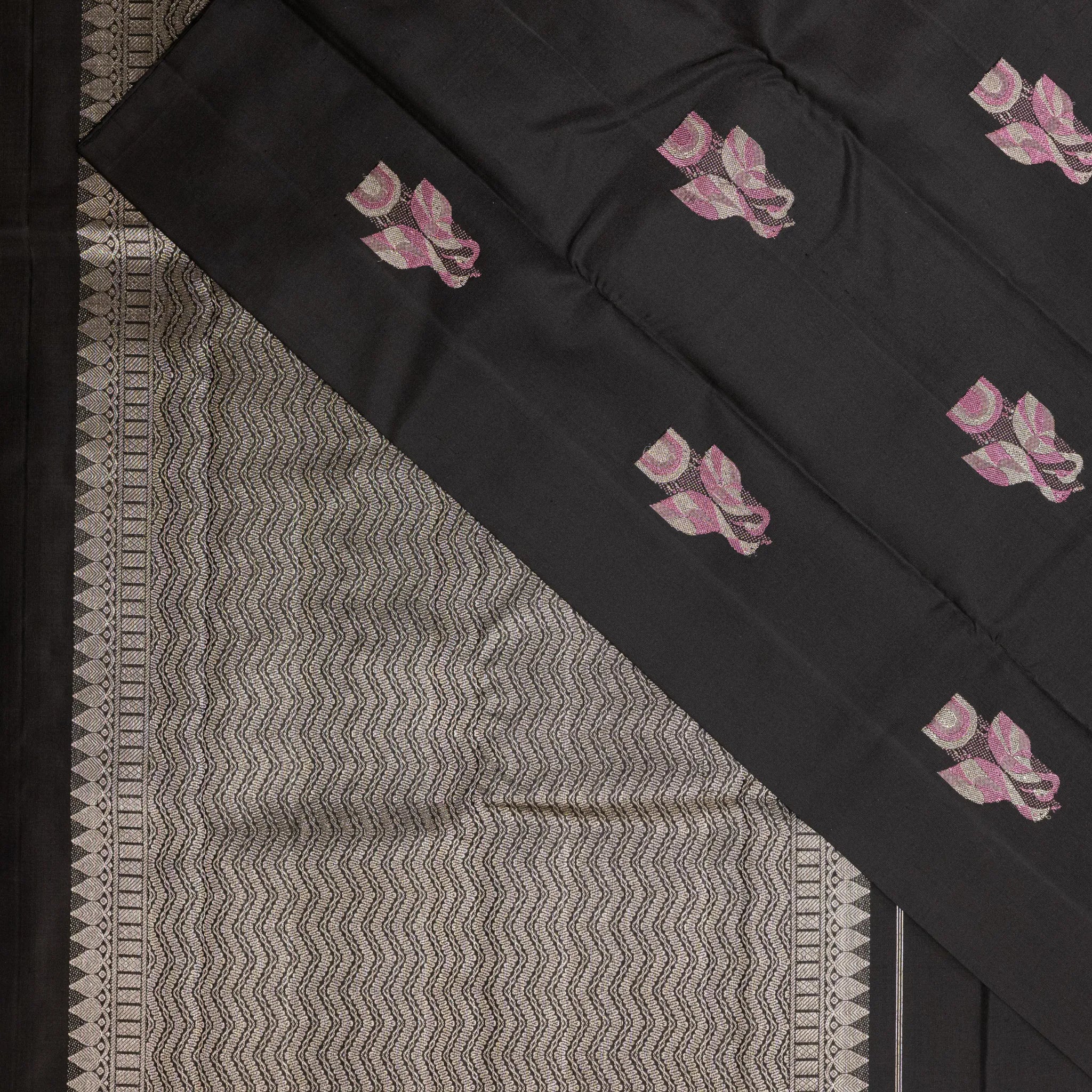 Black Cotton Silk Saree – Pink Floral Jacquard Buttas with Elegant Self Weave