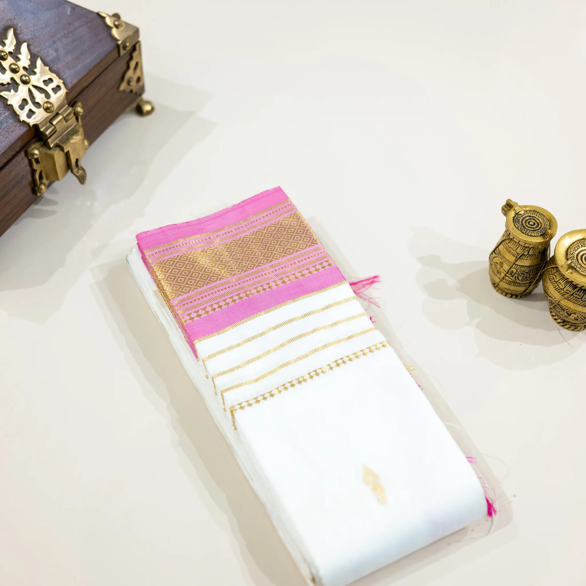 White & Pink Gold-Zari Silk Saree