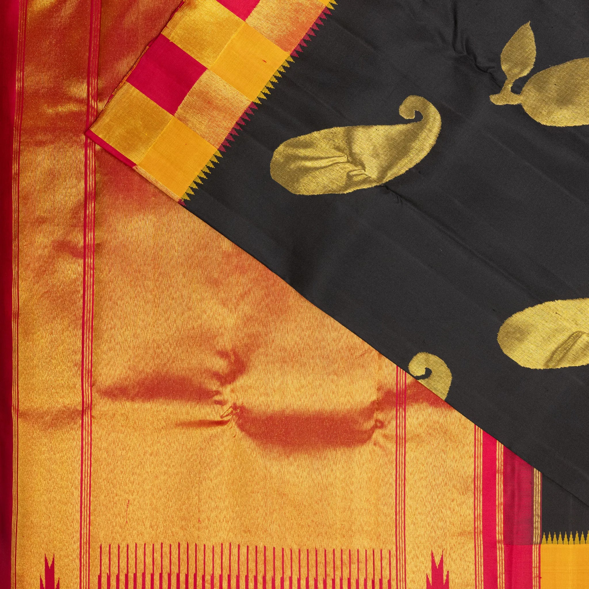 Black Cotton Silk Saree – Gold Paisley Motifs with Mustard Pink Checked Border