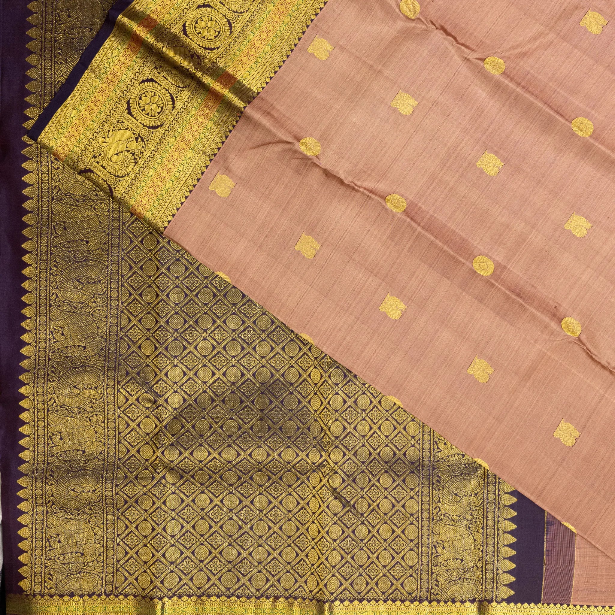 Dusty Beige Kanchipuram Silk Saree – Gold Zari Buttas with Traditional Peacock Border