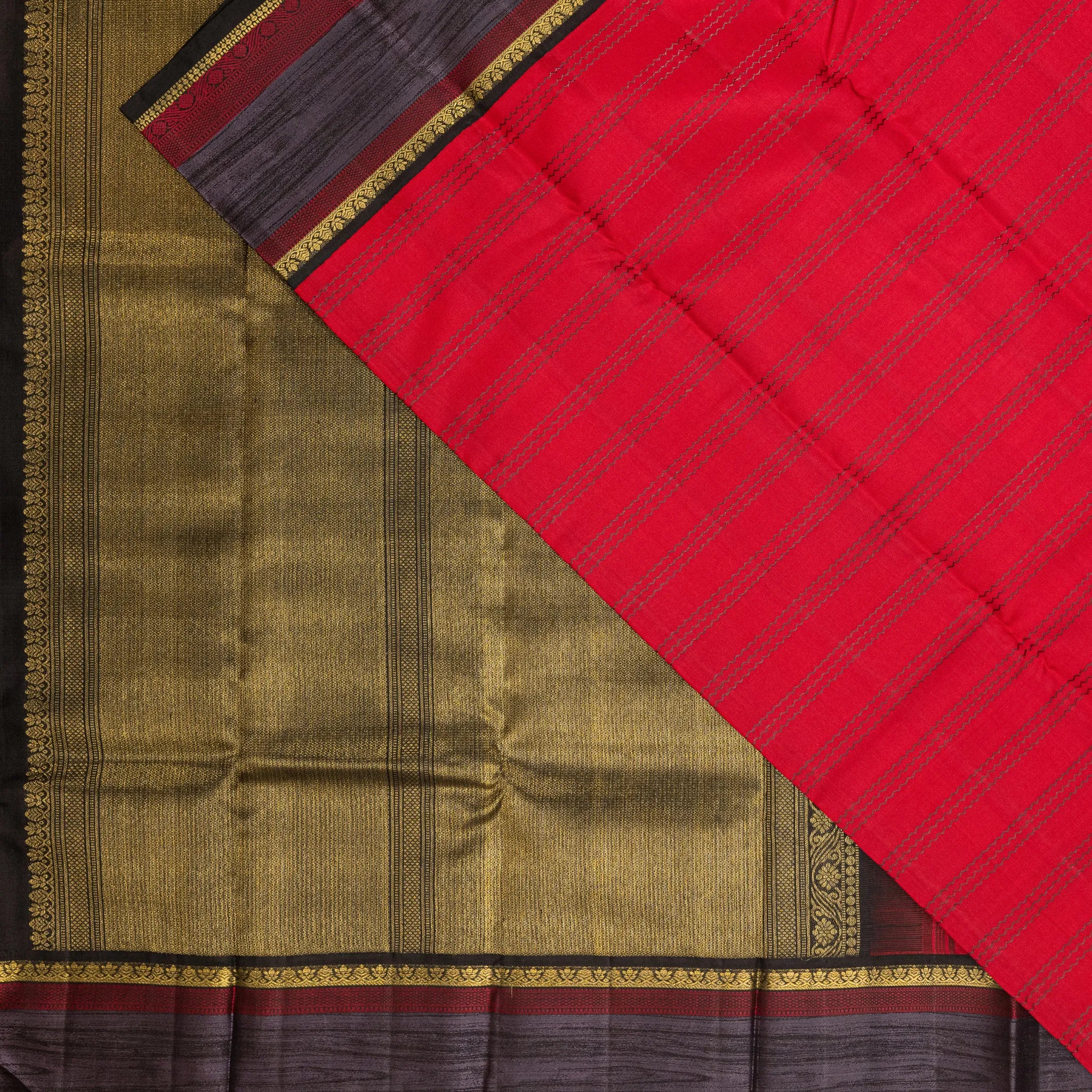 Traditional Cotton Silk Saree – Crimson Red with Black Zari Border & Striped Weave