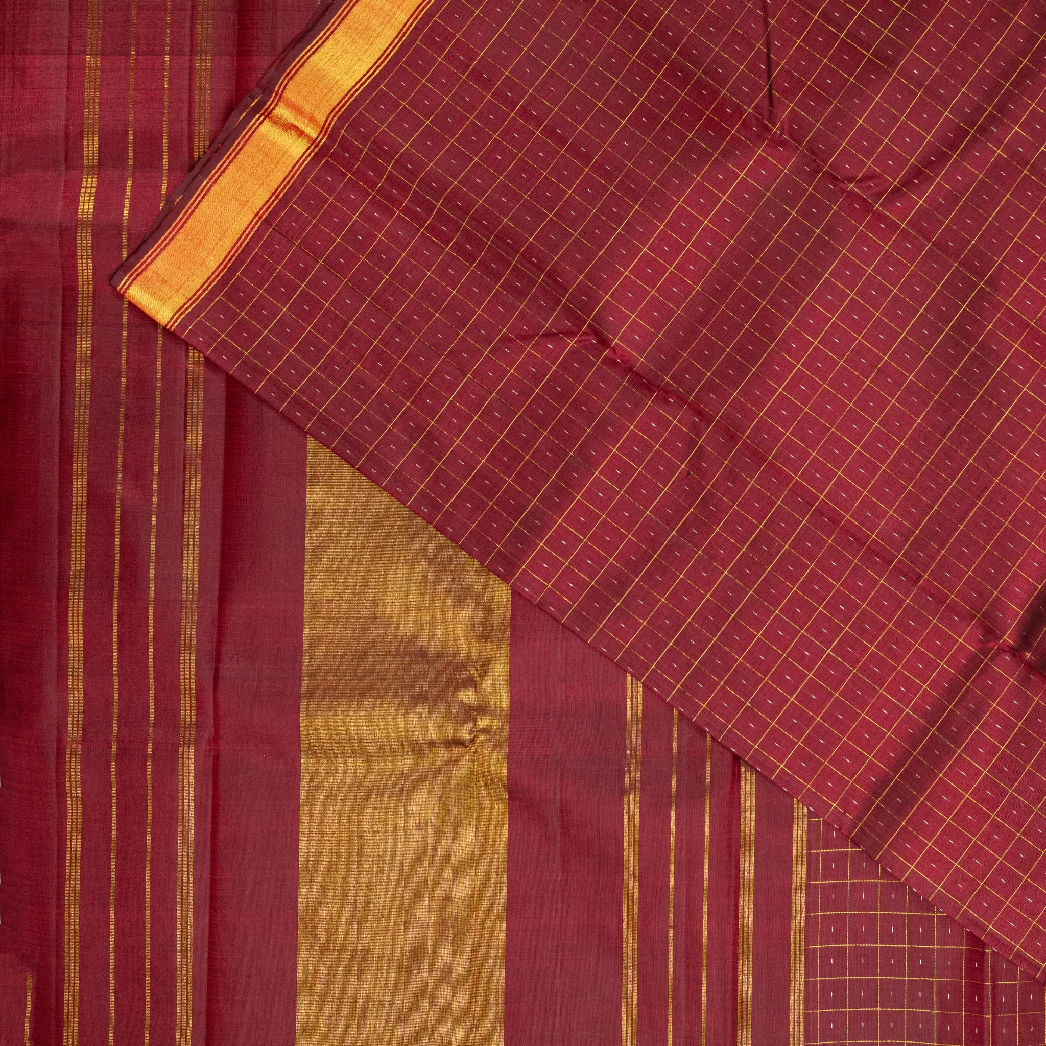 Maroon Cotton Silk Saree – Gold Windowpane Checks with Classic Zari Border