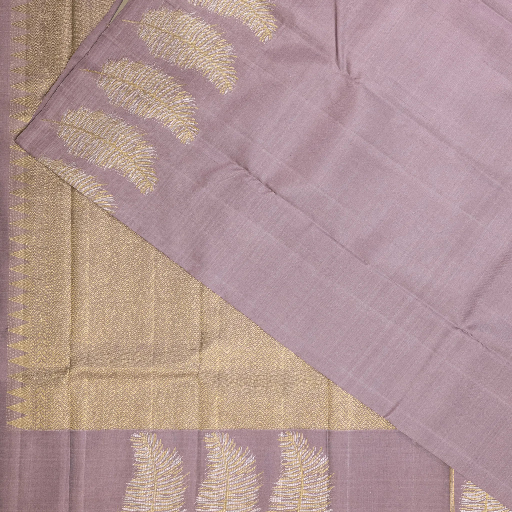 Lavender Soft Silk Saree – Gold Feather Jacquard Design with Elegant Woven Pallu