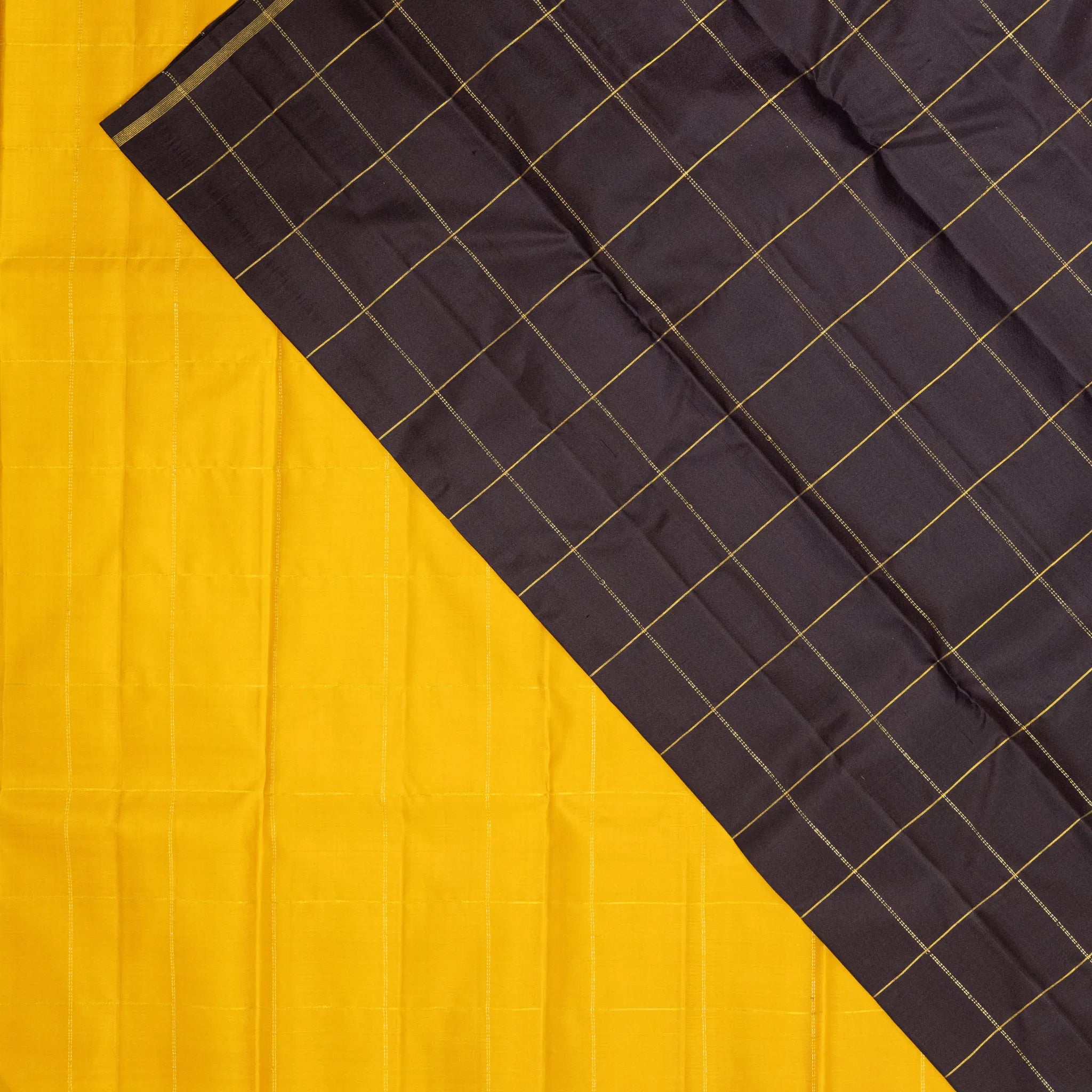 Black Cotton Silk Saree – Gold Windowpane Checks with Elegant Contrast Border
