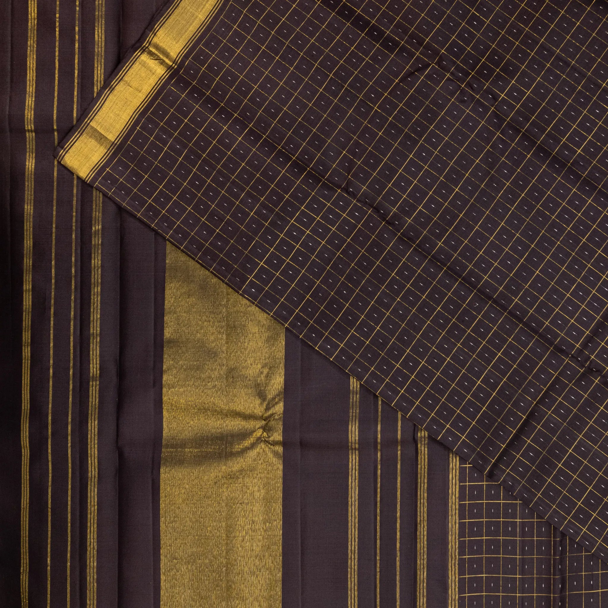 Black Cotton Silk Saree – Gold Windowpane Checks with Classic Zari Border