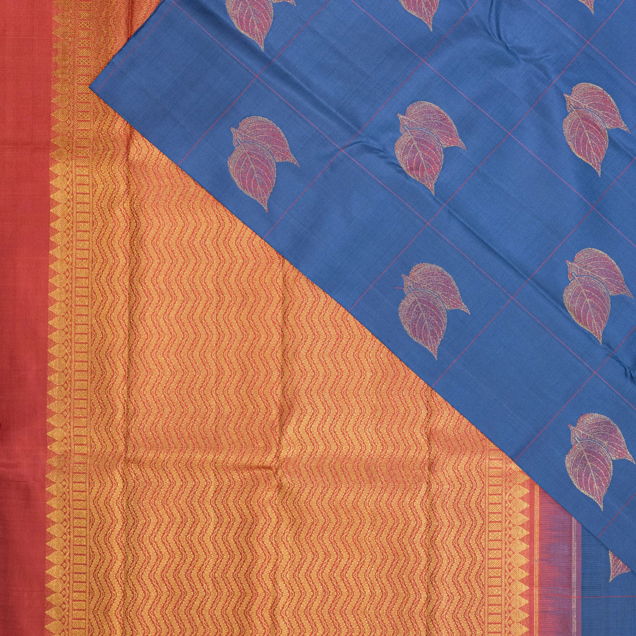 Blue Cotton Silk Saree – Copper Leaf Motifs with Windowpane Checks