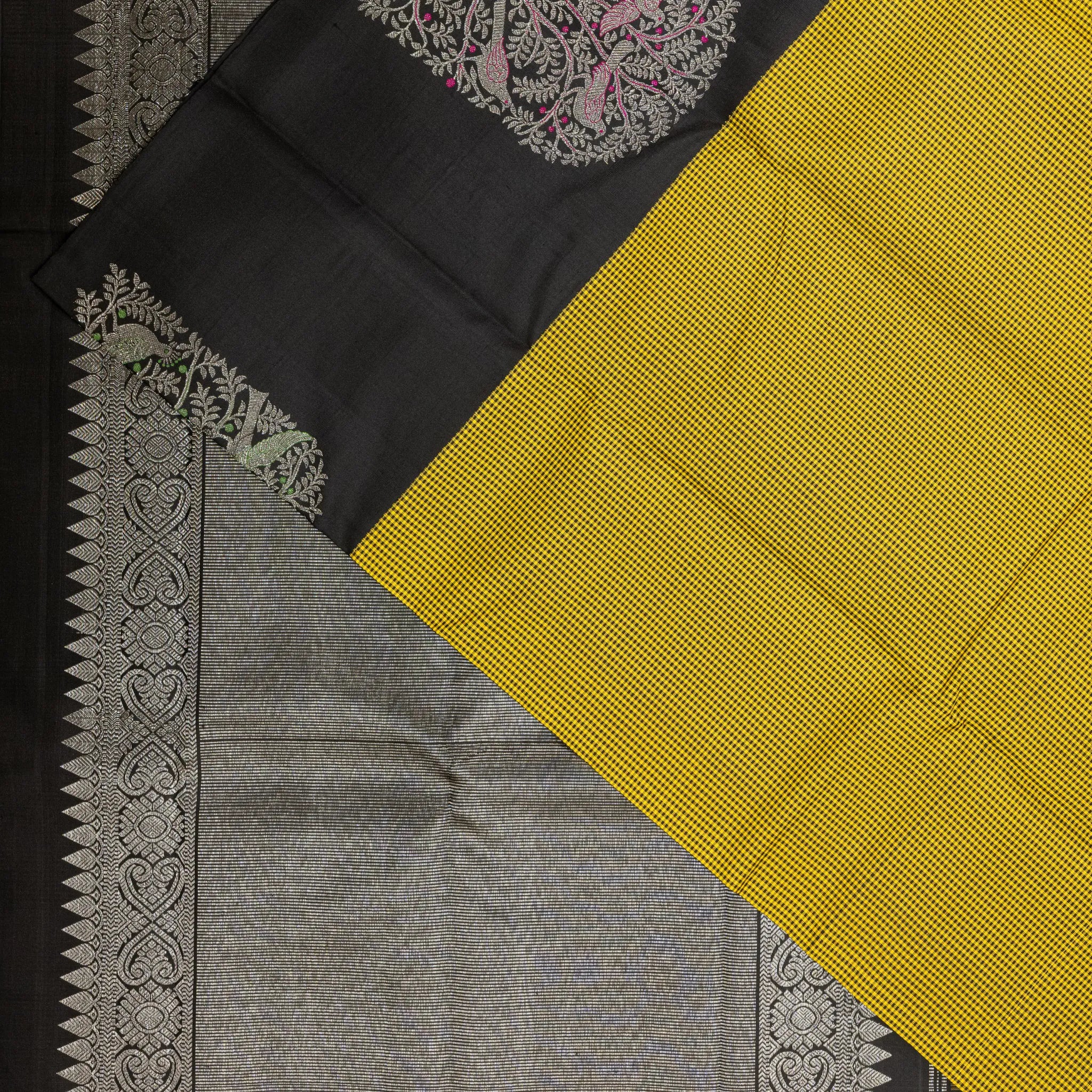 Yellow & Black Kanchipuram Silk Saree – Micro Checks with Contrast Black Border