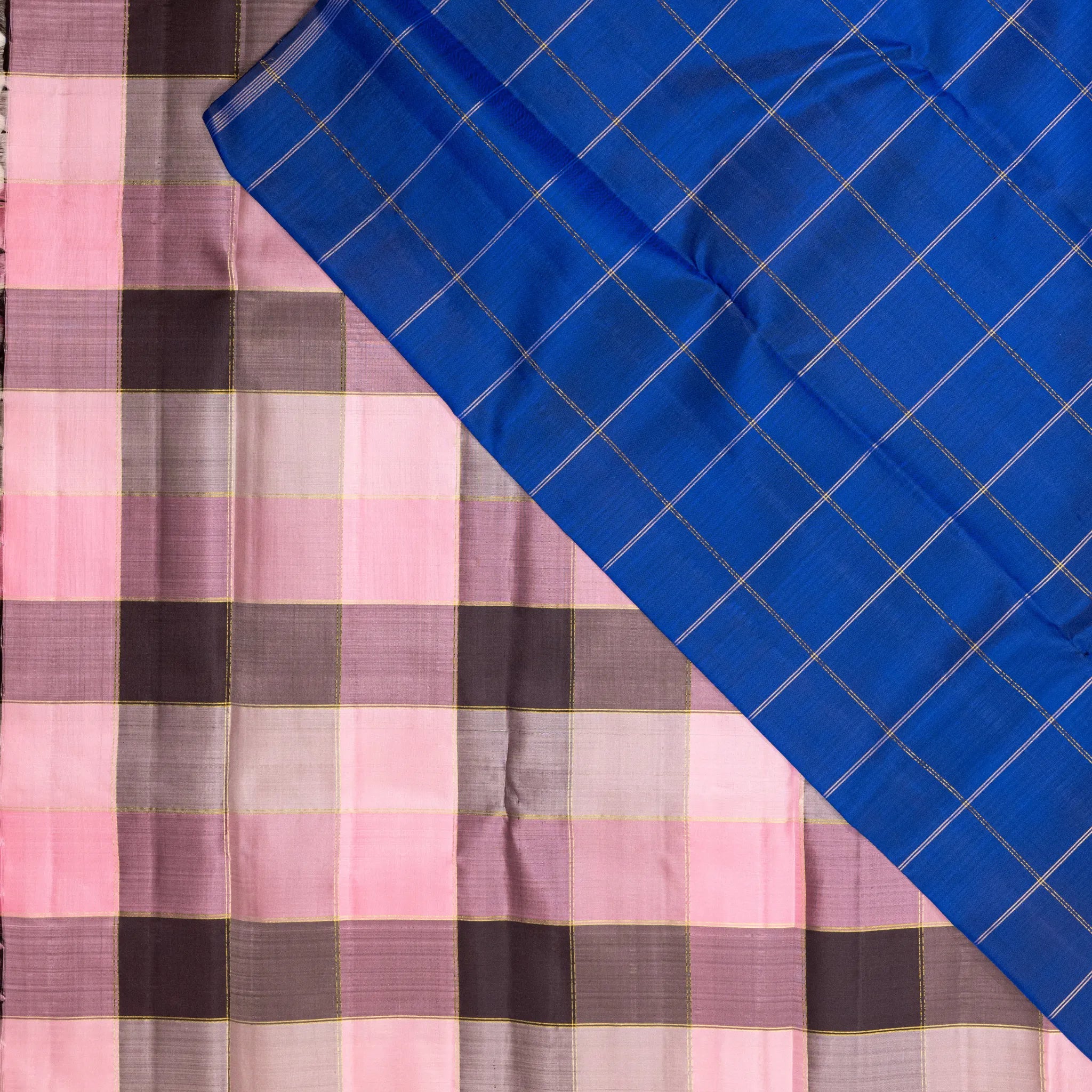 Royal Blue Kanchipuram Silk Saree – Gold Windowpane Checks with Classic Zari Border