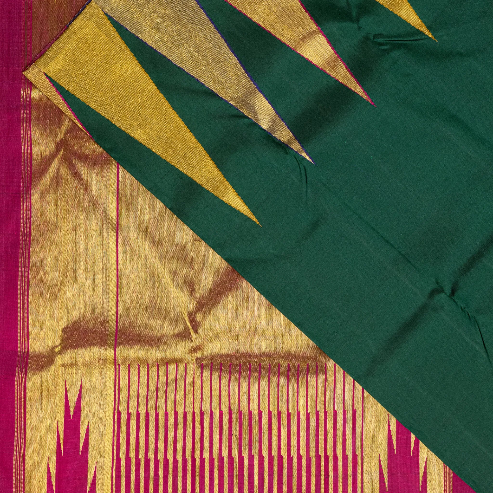 Emerald Green Kanchipuram Silk Saree – Broad Gold Zari Border with Contrast Magenta Accents