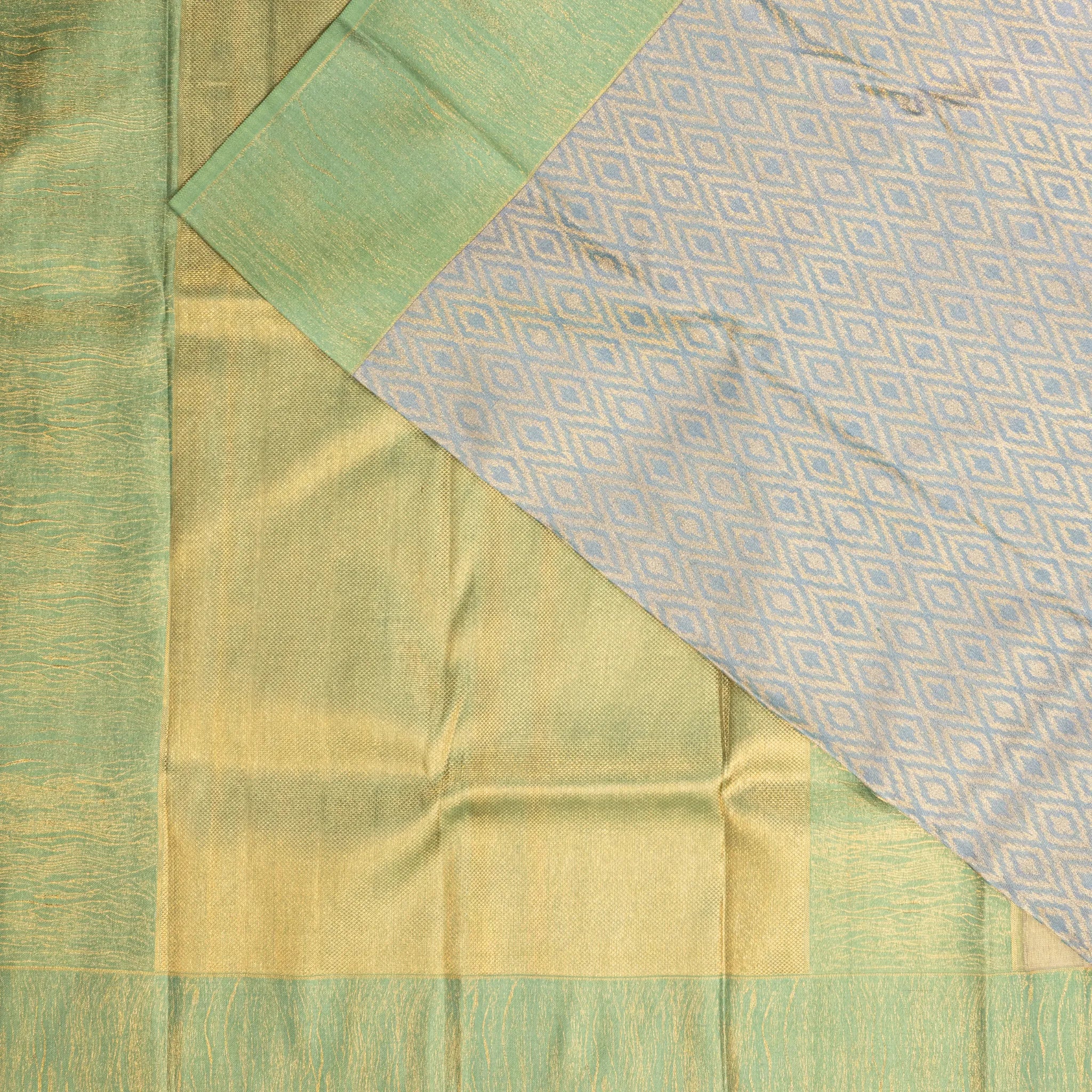 Soft Silk Saree – Steel Grey with Mint Green Zari Border & Diamond Jacquard Weave