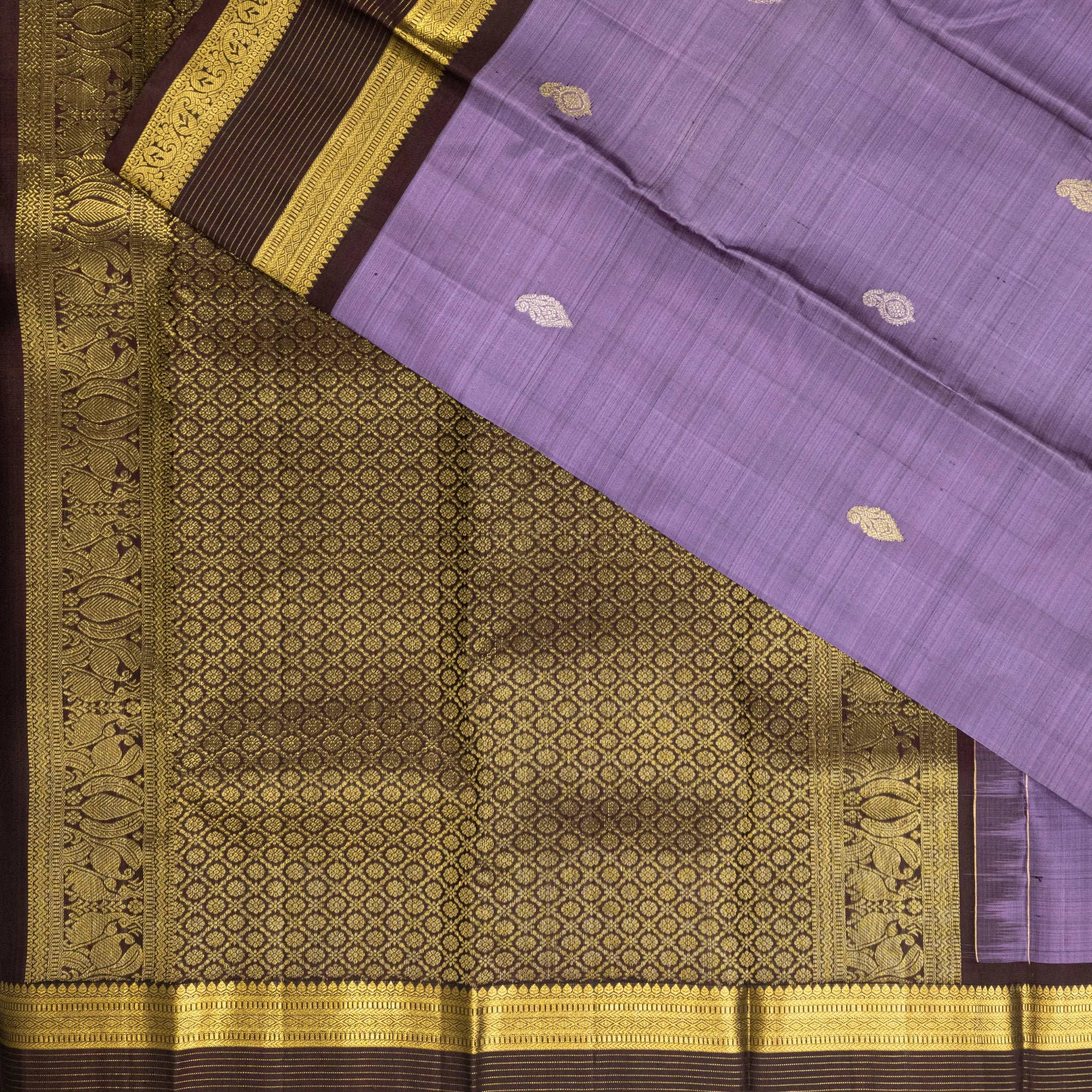 Lavender Kanchipuram Silk Saree – Gold Buttas with Coffee Brown Zari Border