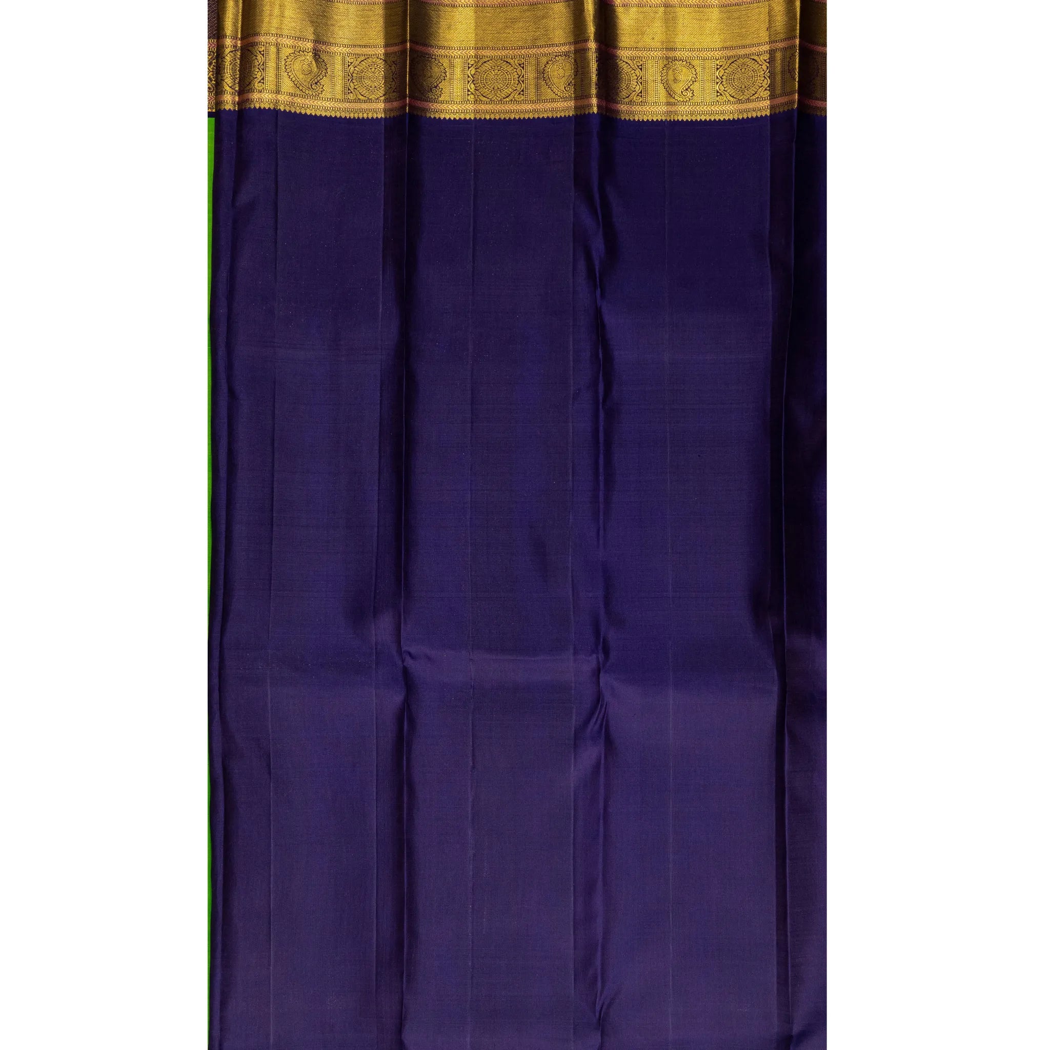 Parrot Green Cotton Silk Saree – Gold Peacock Buttas with Navy Blue Contrast Border