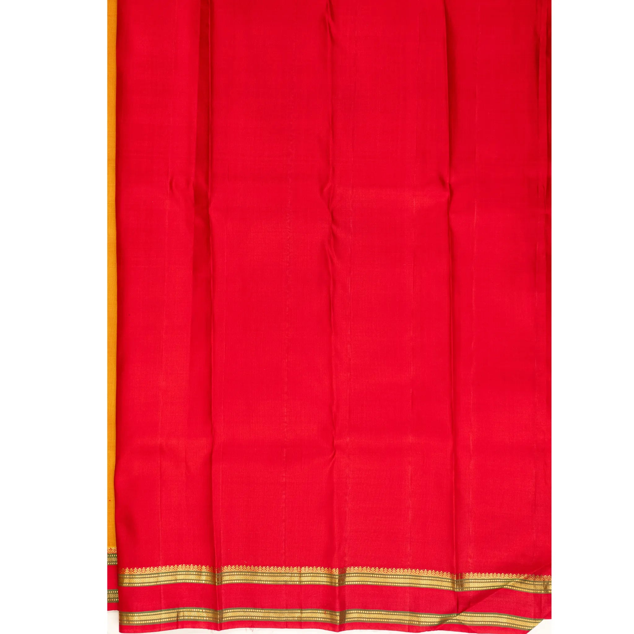 Mustard Orange Kanchipuram Silk Saree – Rani Pink Contrast Border with Classic Zari Stripes