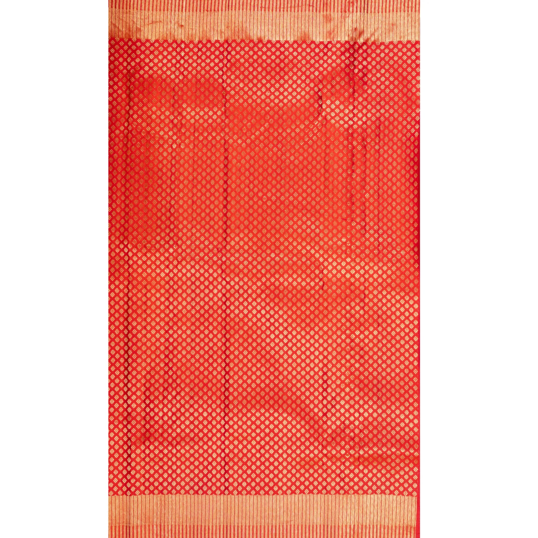 Copper Gold Kanchipuram Silk Saree – Coral Red Contrast Border with Contemporary Zari Stripes