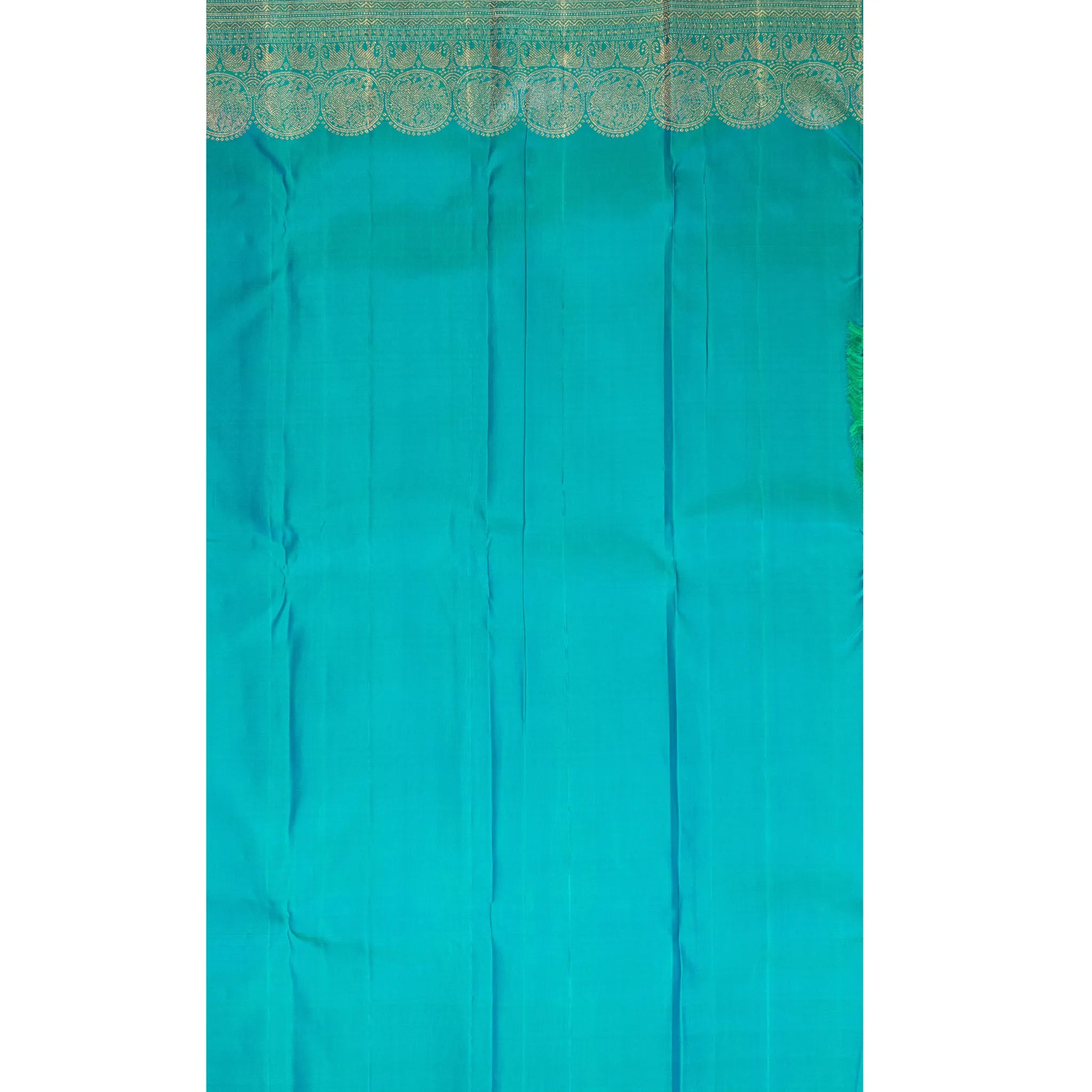 Lime Green Kanchipuram Silk Saree – Gold Woven Lines with Turquoise Zari Border