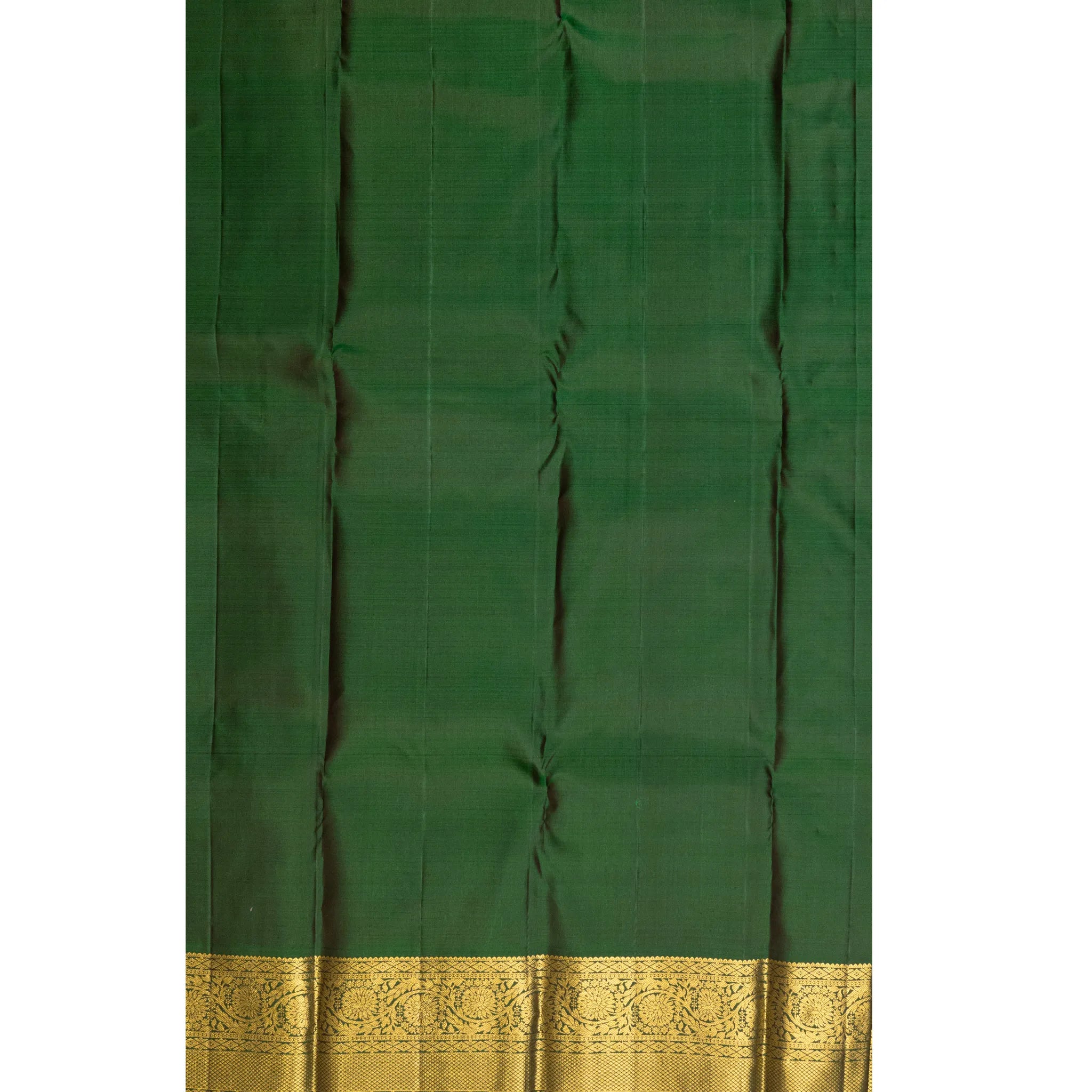 Mustard Orange Kanchipuram Silk Saree – Gold Zari Buttas with Green Floral Border