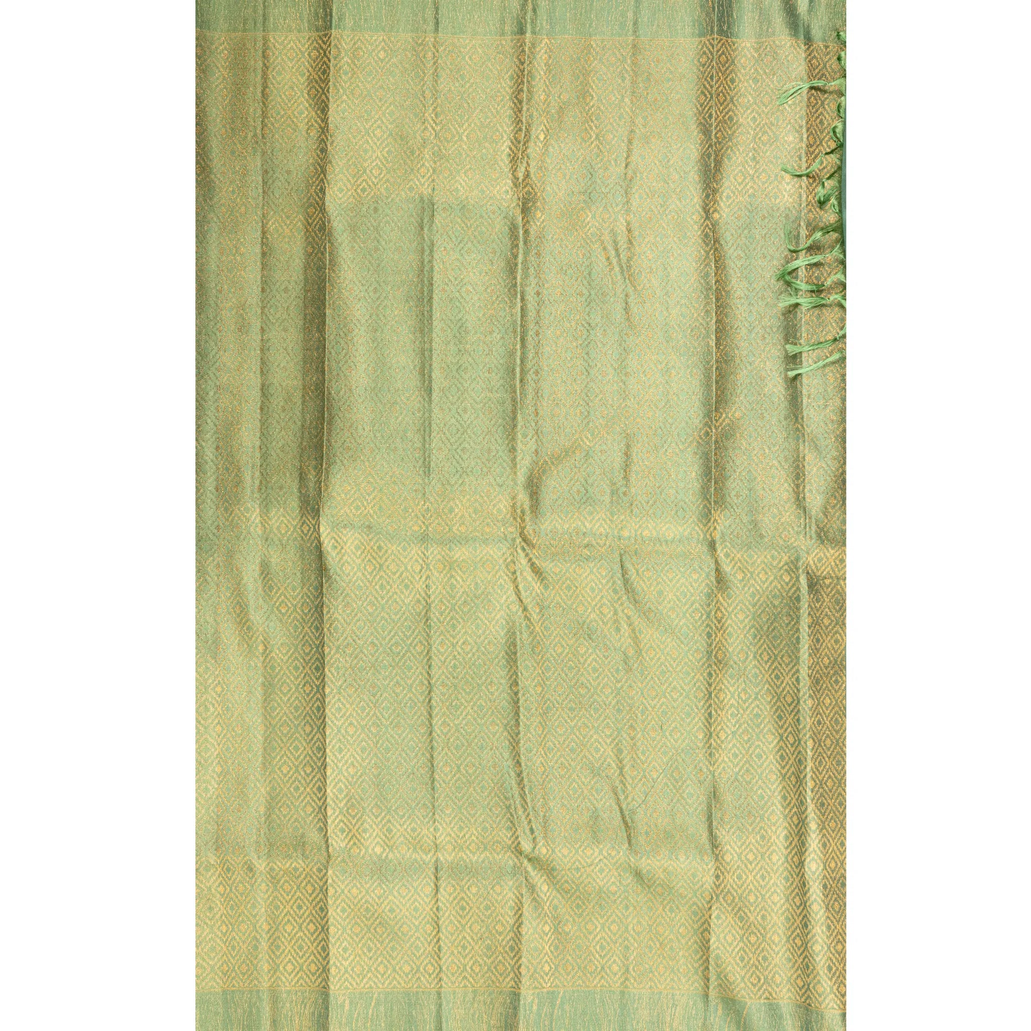 Soft Silk Saree – Steel Grey with Mint Green Zari Border & Diamond Jacquard Weave
