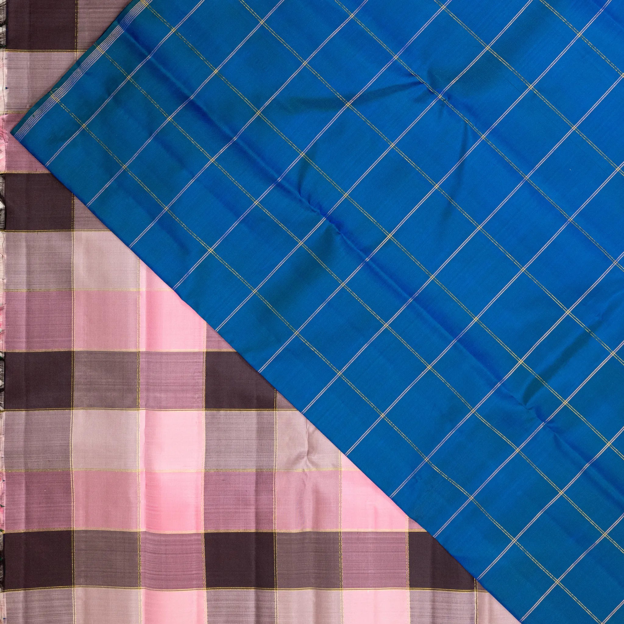 Peacock Blue Cotton Silk Saree – Gold Windowpane Checks with Elegant Woven Border