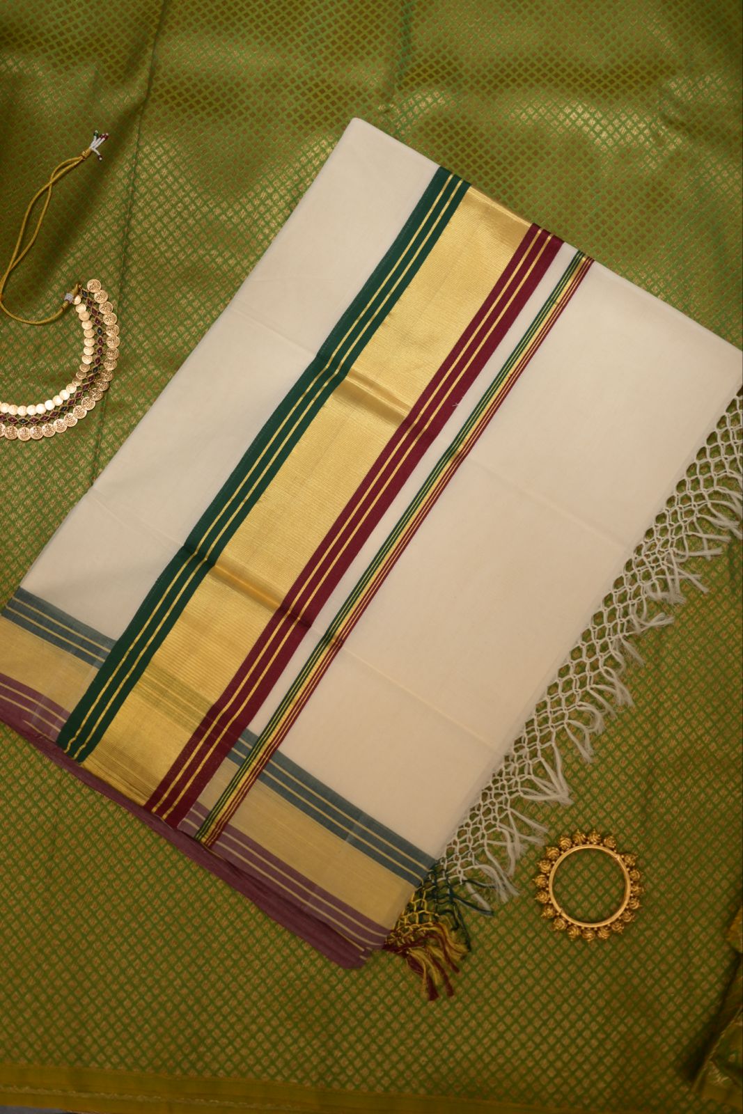 Premium Kerala Kasavu Set Mundu with Green & Maroon Stripes