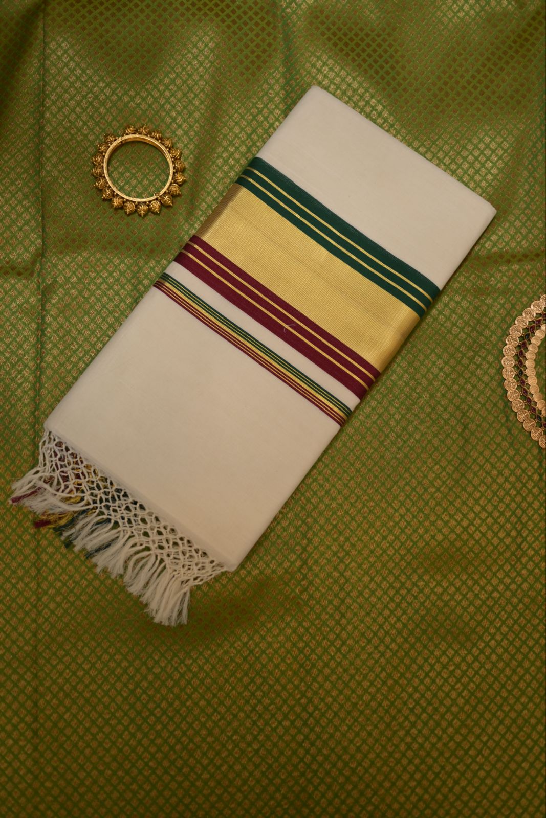 Premium Kerala Kasavu Set Mundu with Green & Maroon Stripes