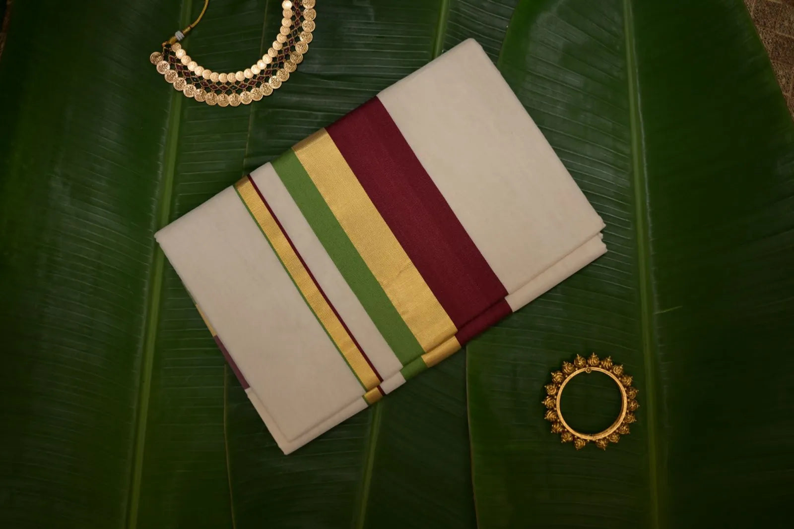 Premium Kerala Kasavu Saree with Green & Maroon Kara