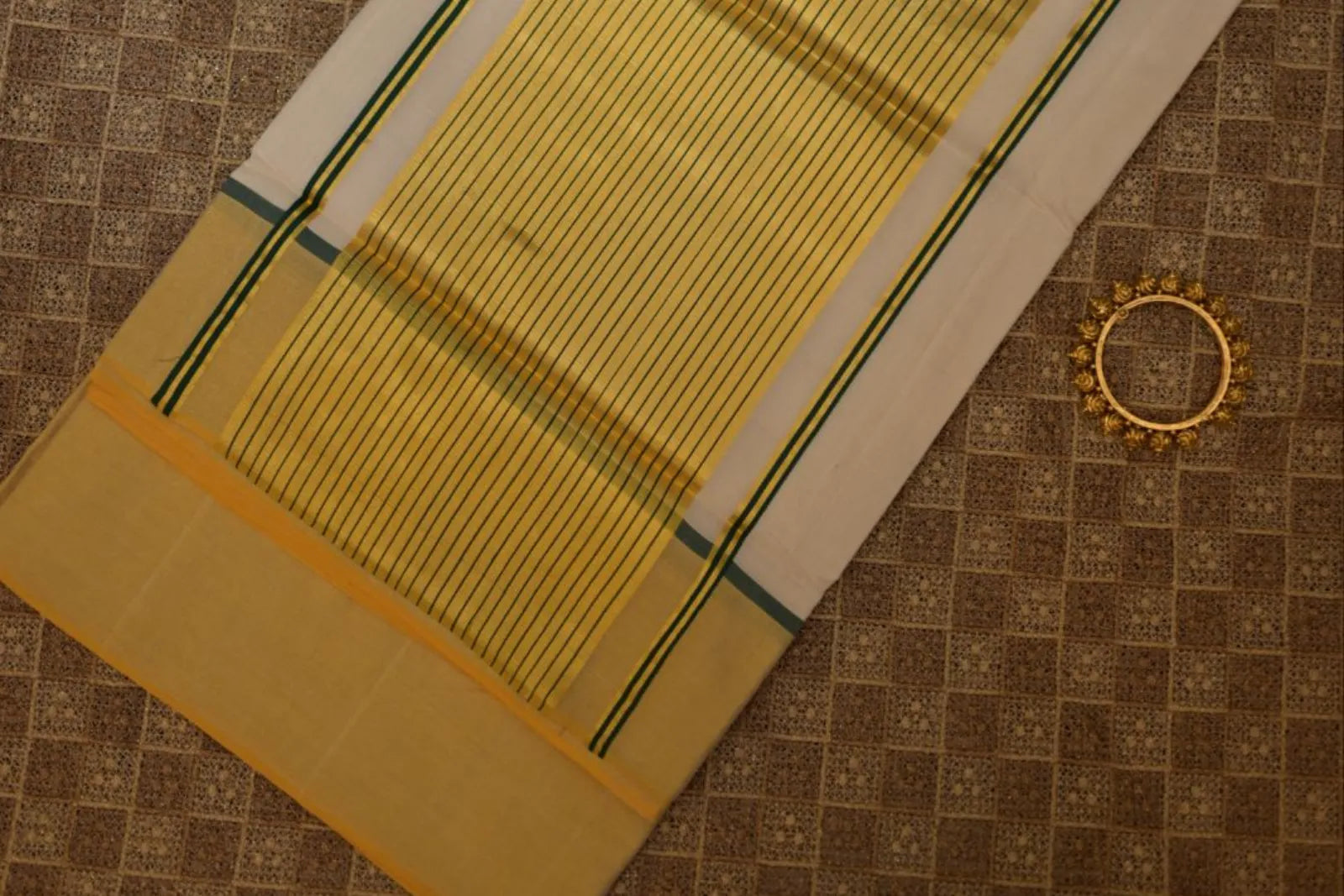 Royal Kerala Kasavu with Bottle Green Stripe Design