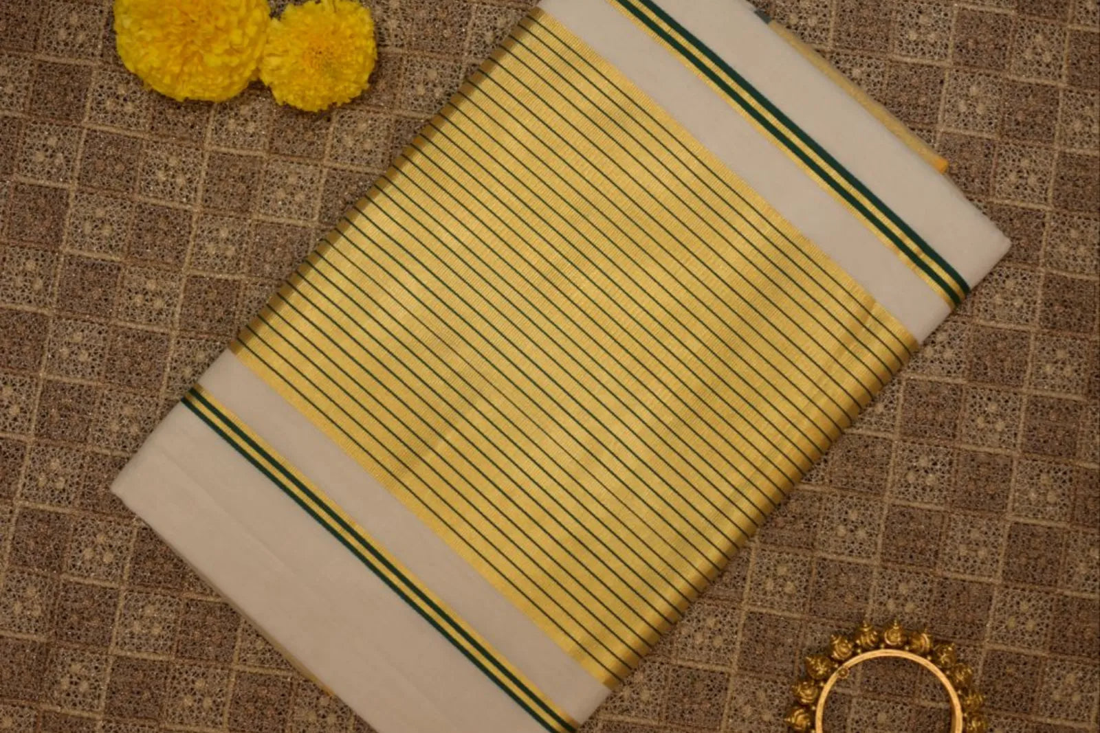 Royal Kerala Kasavu with Bottle Green Stripe Design